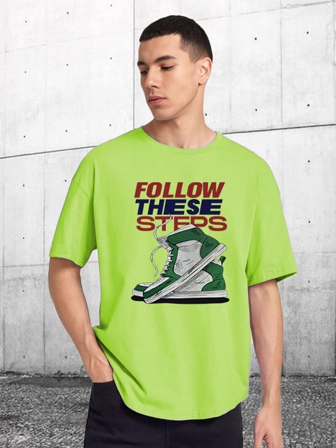

CHKOKKO Graphic Printed Round Neck Extended Sleeves Oversized Cotton Casual T-shirt, Green
