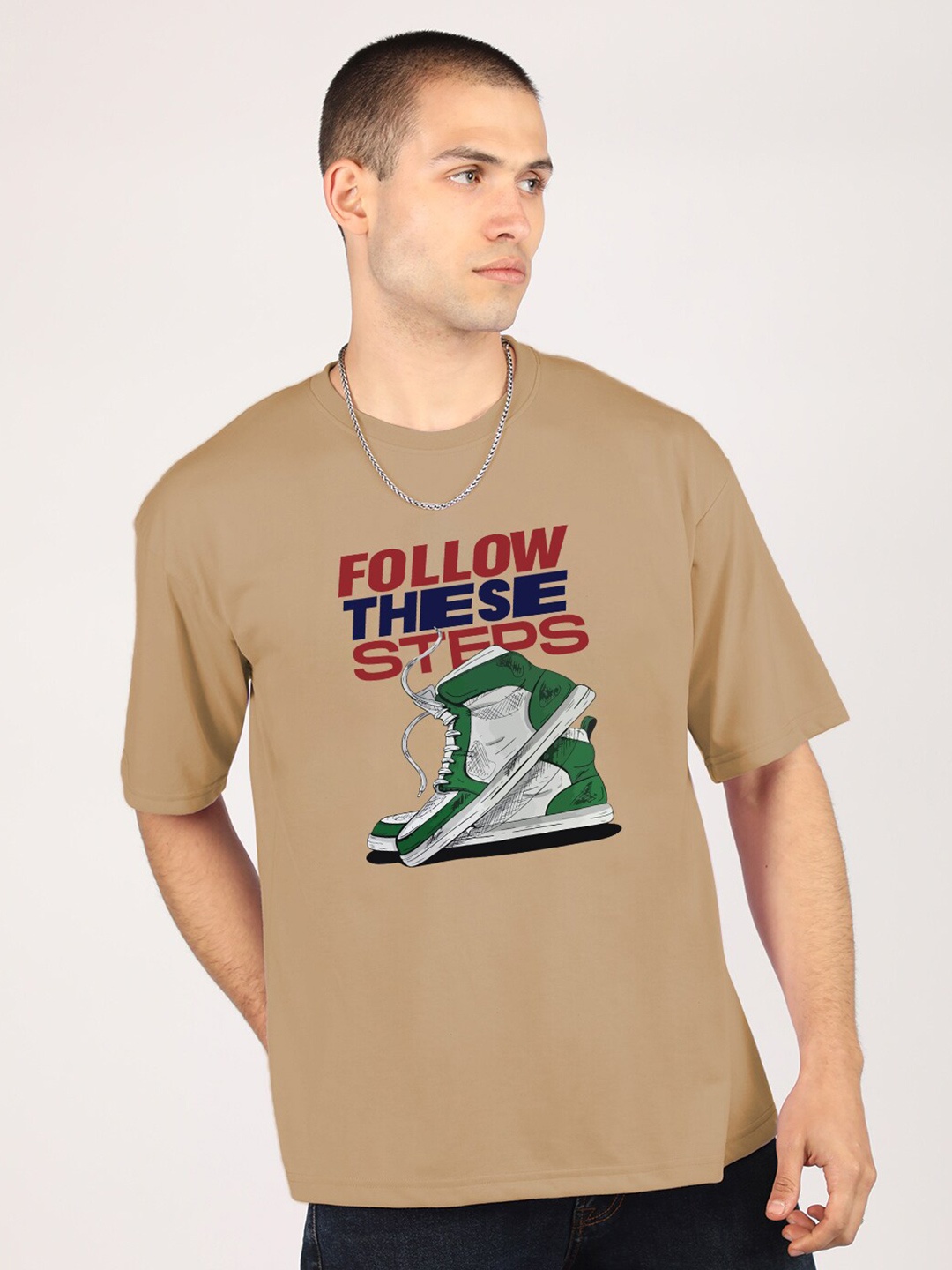 

CHKOKKO Graphic Printed Round Neck Short Sleeves Cotton Oversized T-shirt, Khaki