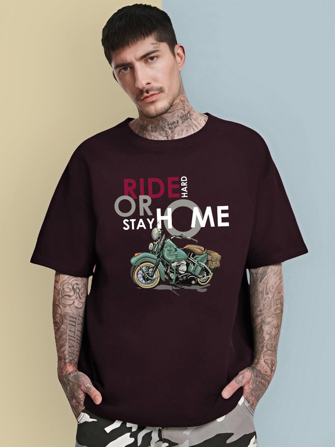

CHKOKKO Typography Printed Round Neck Extended Sleeves Oversized Cotton Casual T-shirt, Violet