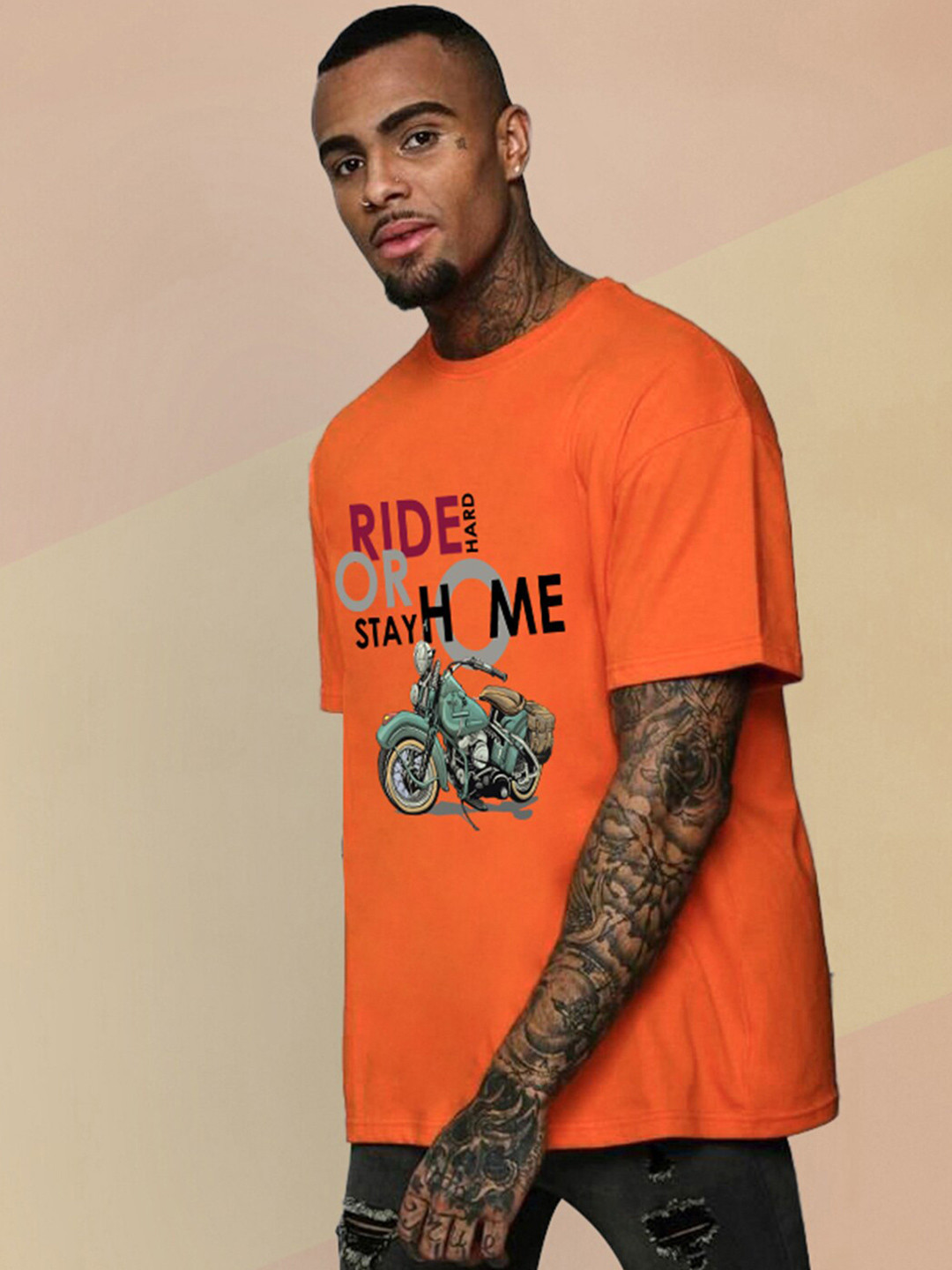 

CHKOKKO Typography Printed Round Neck Extended Sleeves Oversized Cotton Casual T-shirt, Orange