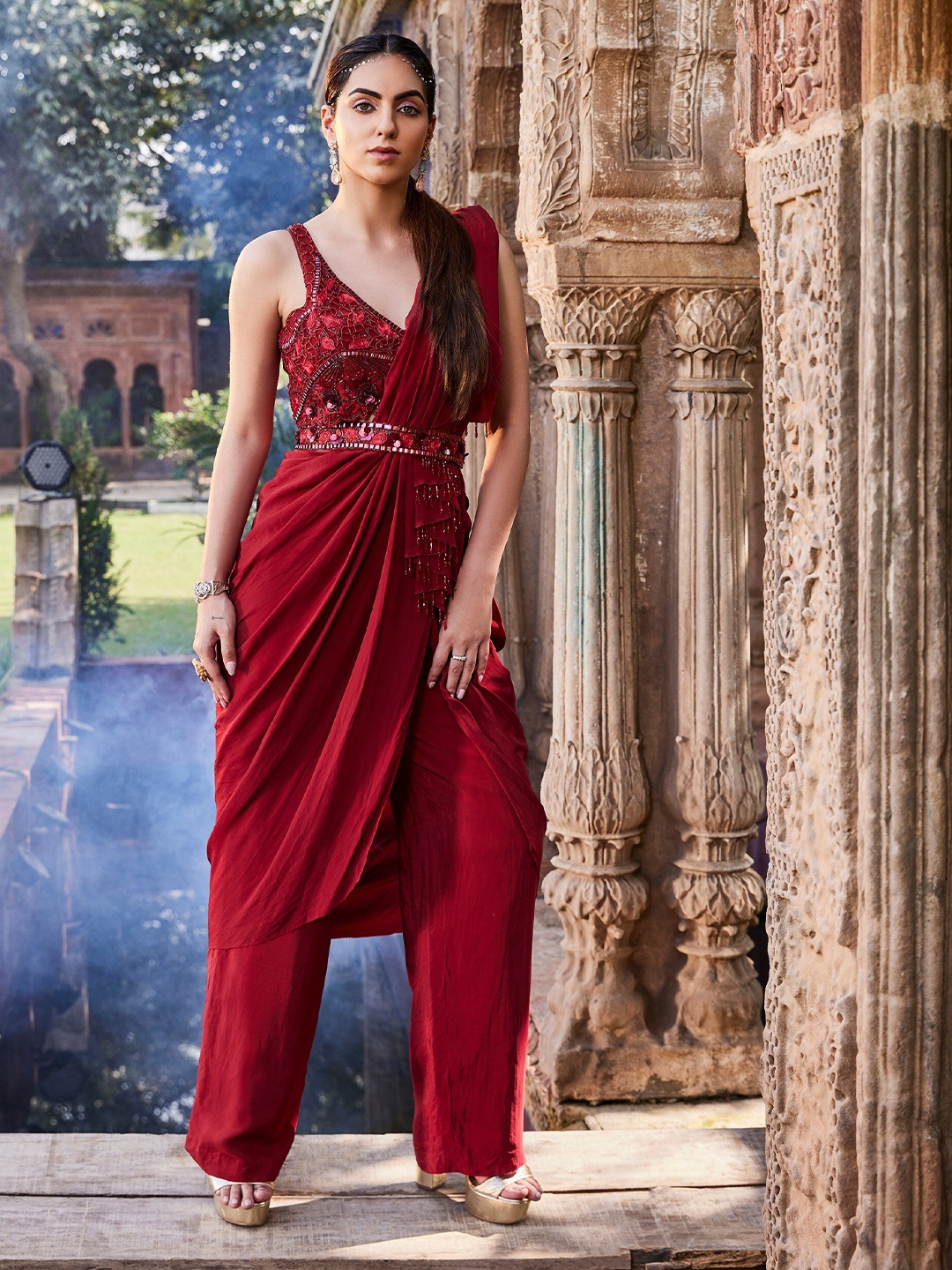 

Mehak Murpana Embellished Beads and Stones Pant Saree, Red