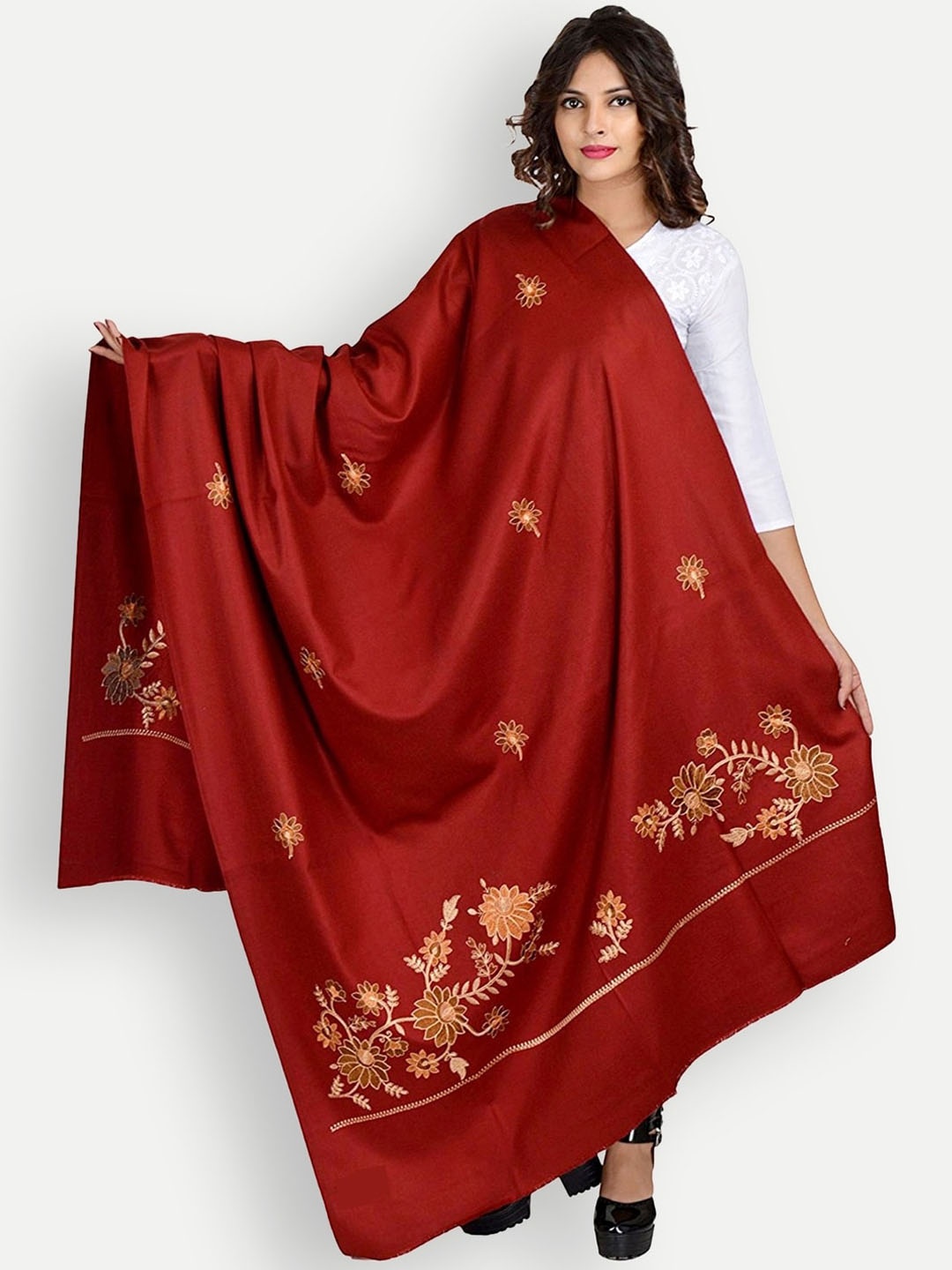 

BAISA Unisex Floral Embroidered Wool Shawl, Maroon
