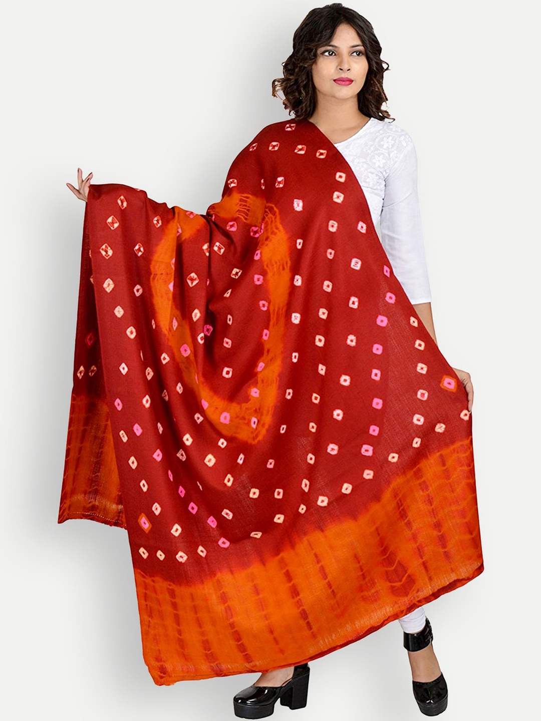 

BAISA Unisex Bandhani Printed Wool Shawl, Orange