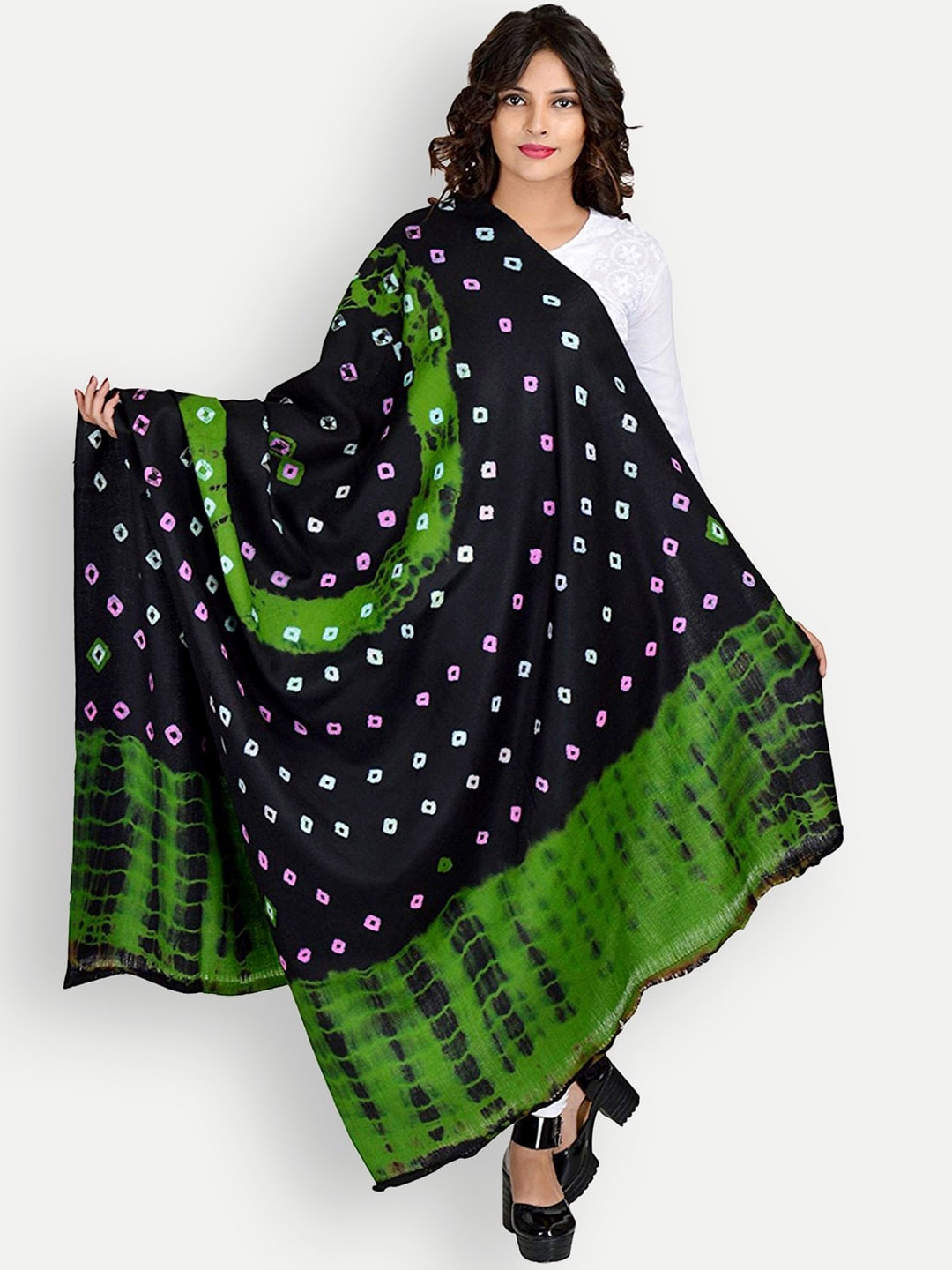 

BAISA Unisex Bandhani Printed Wool Shawl, Green