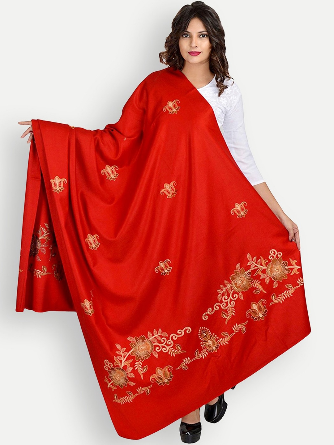 

BAISA Unisex Floral Embroidered Wool Shawl, Red