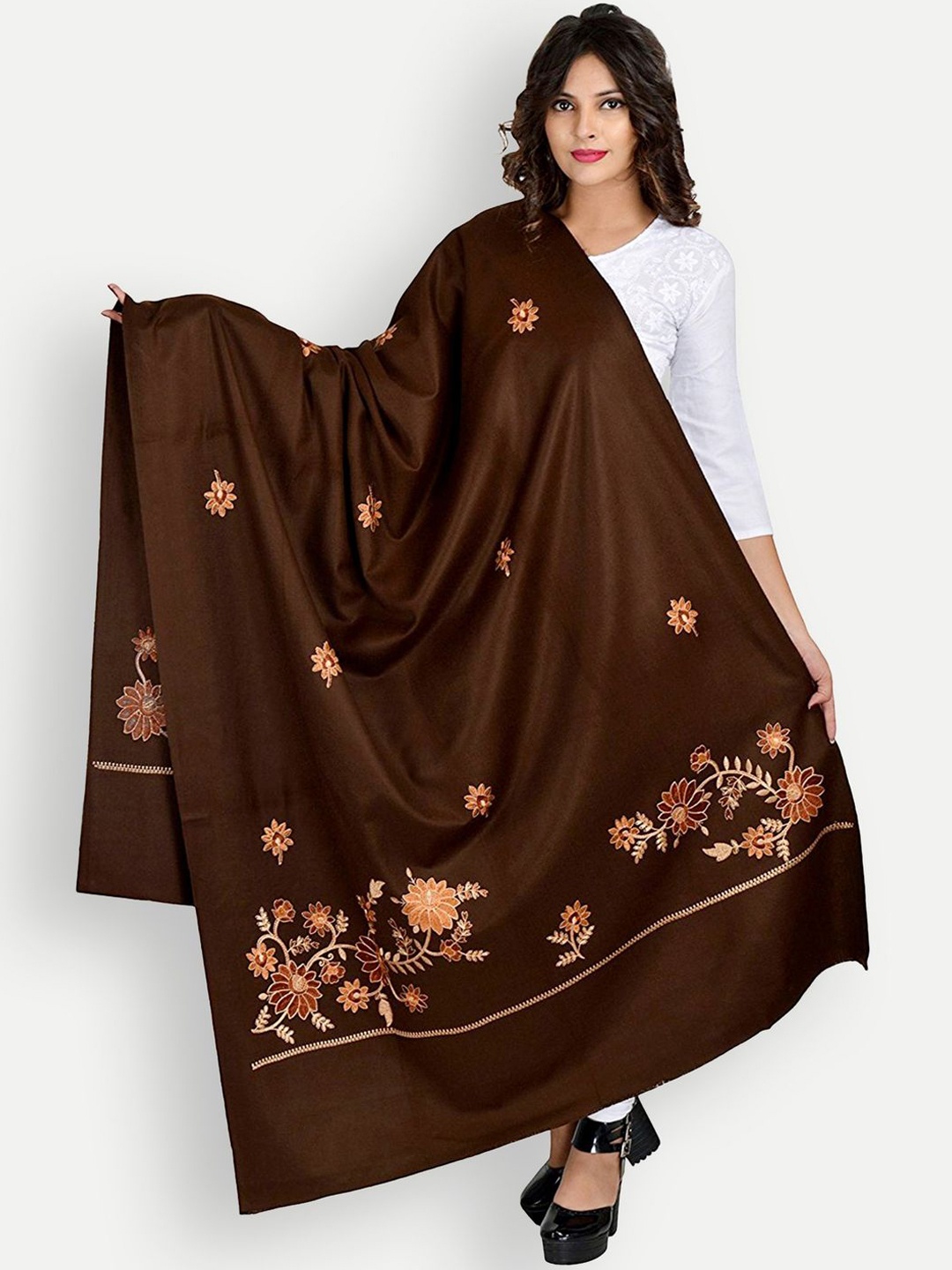 

BAISA Unisex Floral Embroidered Wool Shawl, Maroon