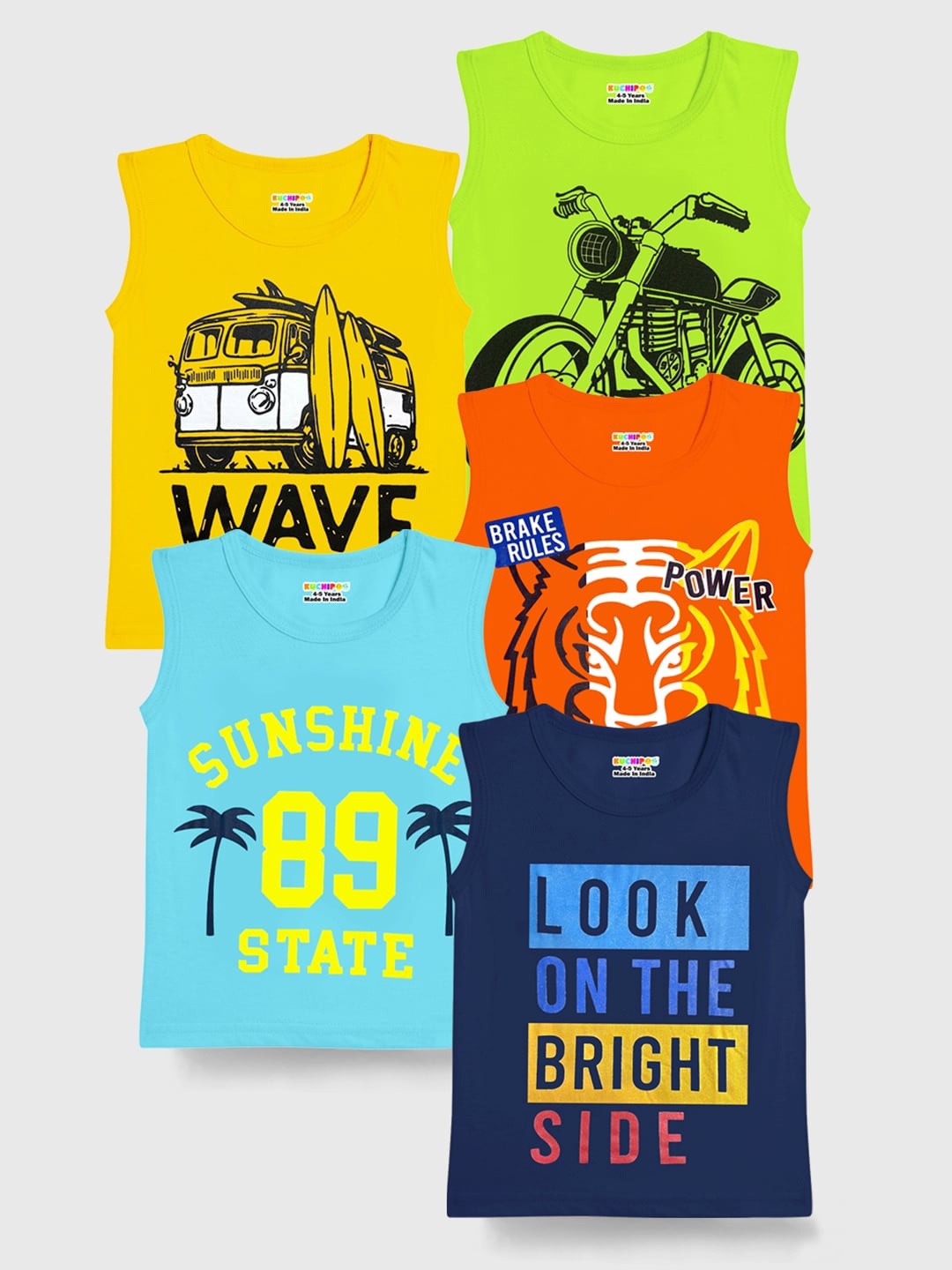 

KUCHIPOO Kids Pack Of 5 Typography Printed Round Neck Cotton T-shirt, Yellow