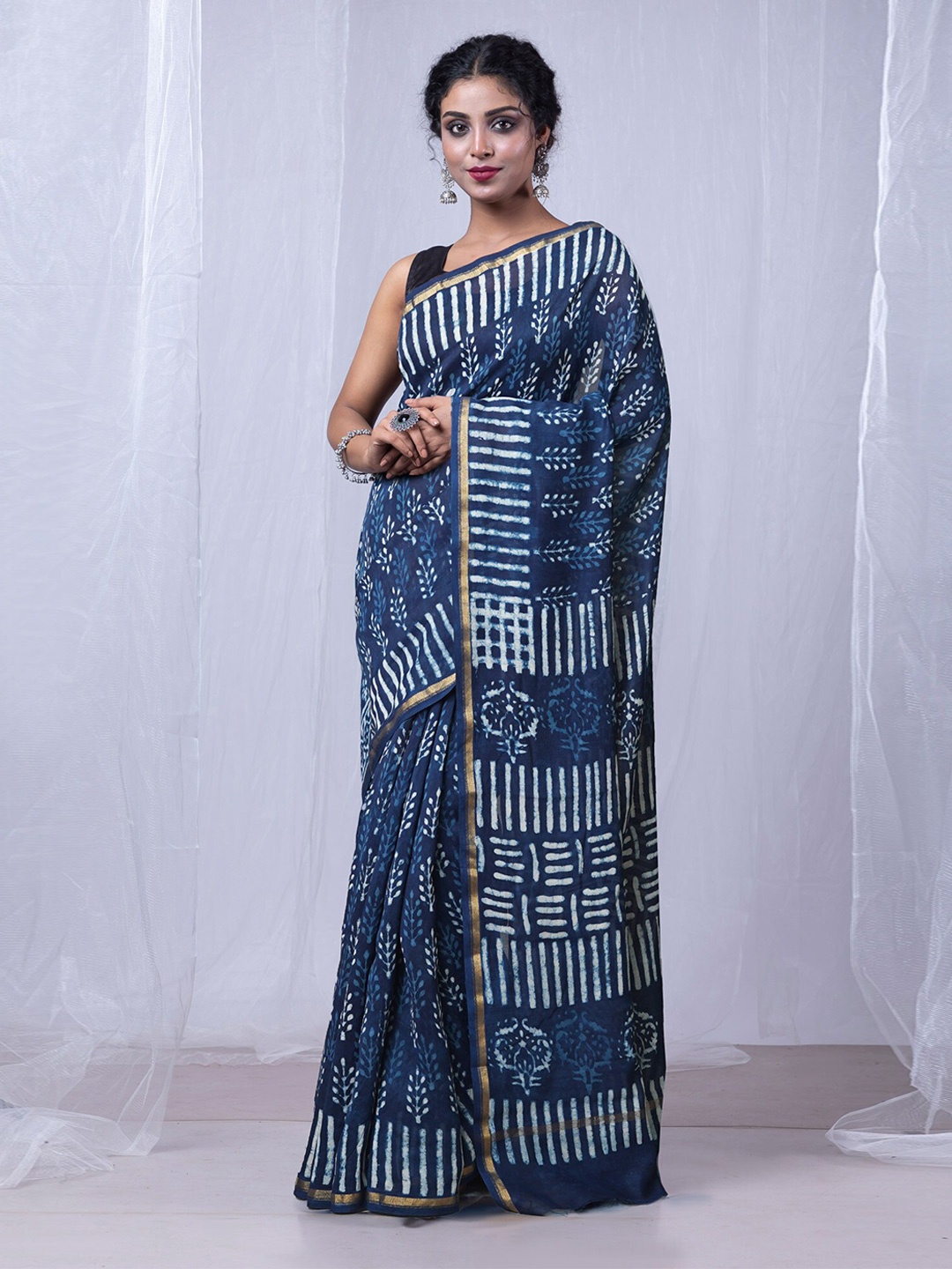 

Unnati Silks Dabu Printed Zari Handloom Chanderi Saree, Blue