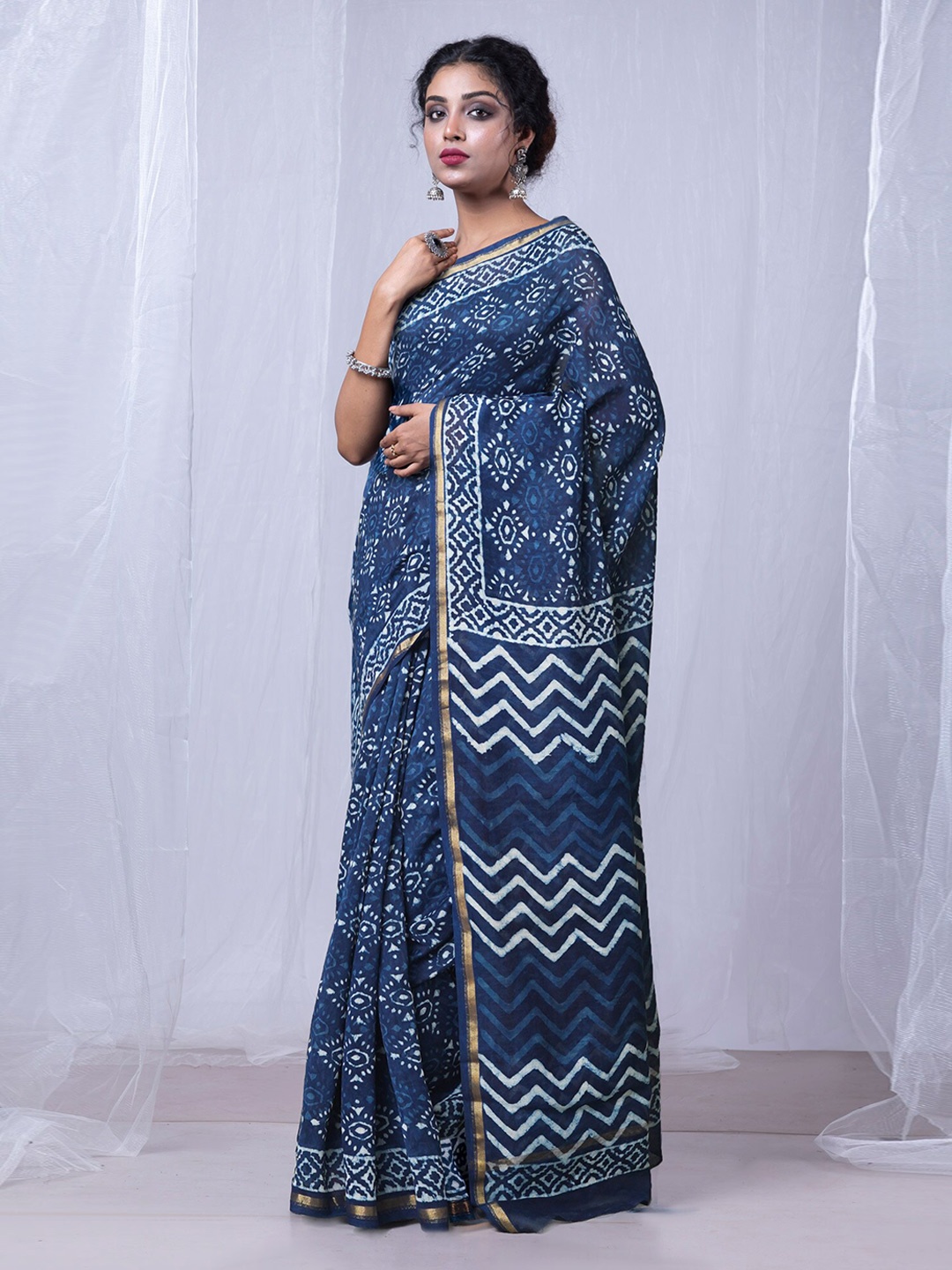

Unnati Silks Dabu Printed Zari Handloom Chanderi Saree, Blue