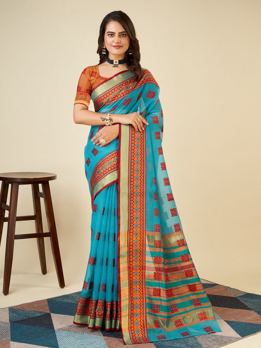 

Nimidiya Woven Design Zari Silk Cotton Designer Kota Saree, Blue