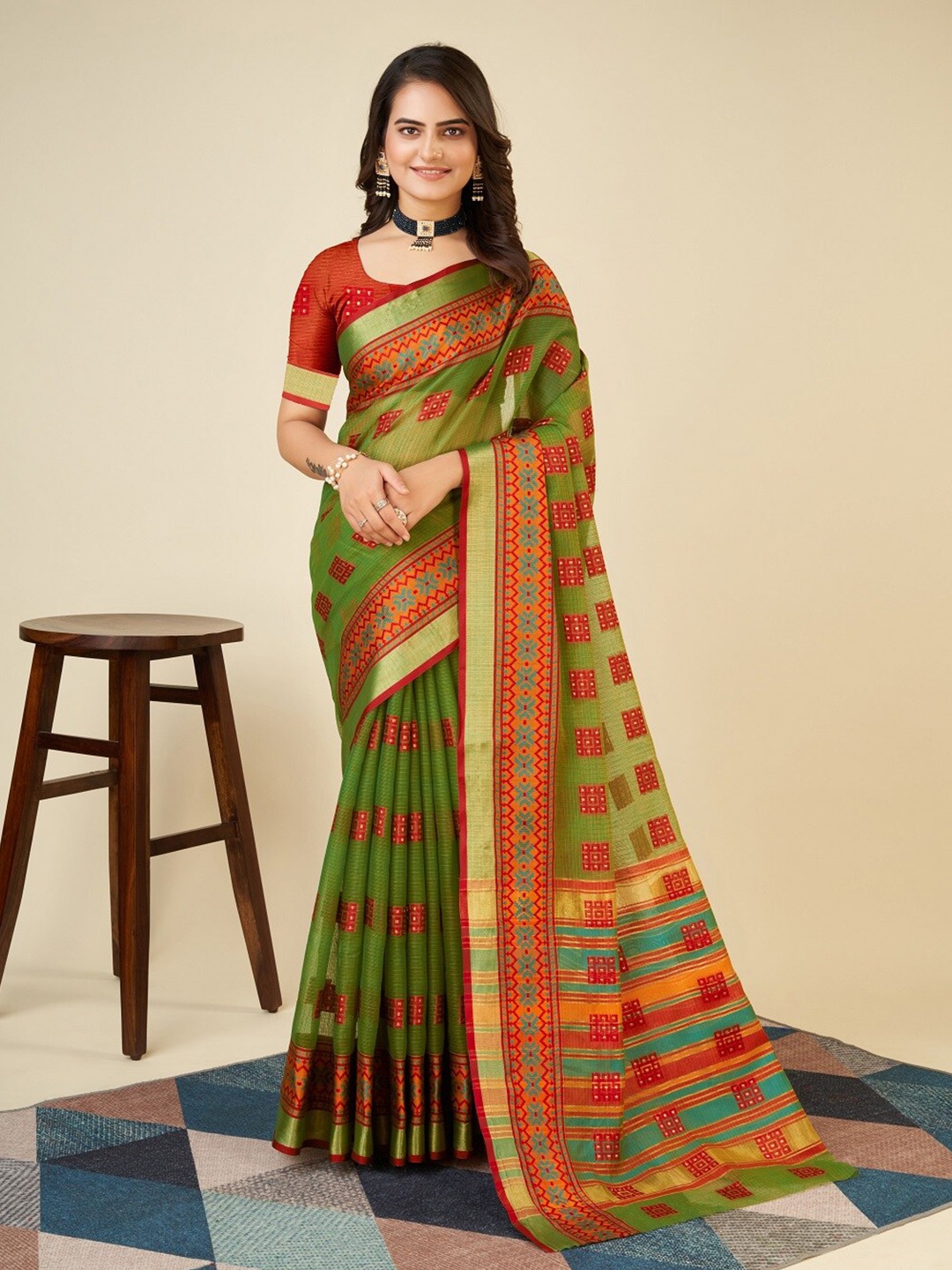 

Nimidiya Woven Design Zari Silk Cotton Designer Kota Saree, Green