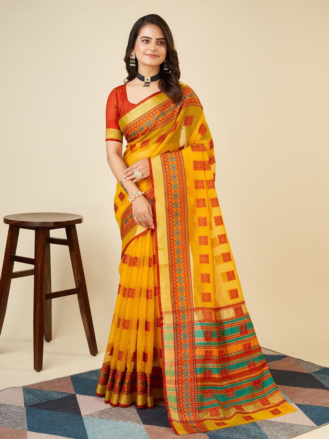 

Nimidiya Woven Design Zari Silk Cotton Designer Kota Saree, Mustard