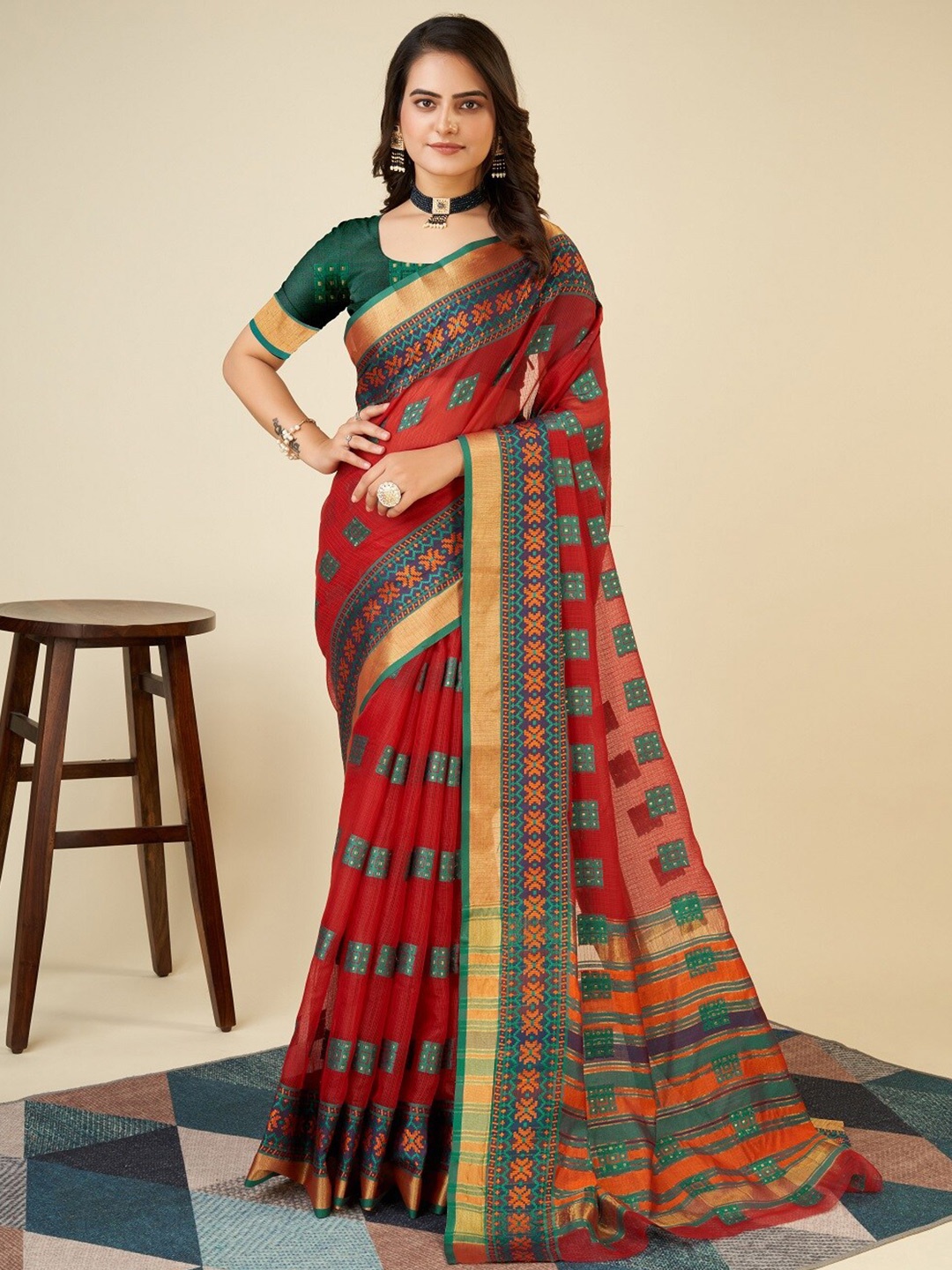 

Nimidiya Woven Design Zari Silk Cotton Designer Kota Saree, Red