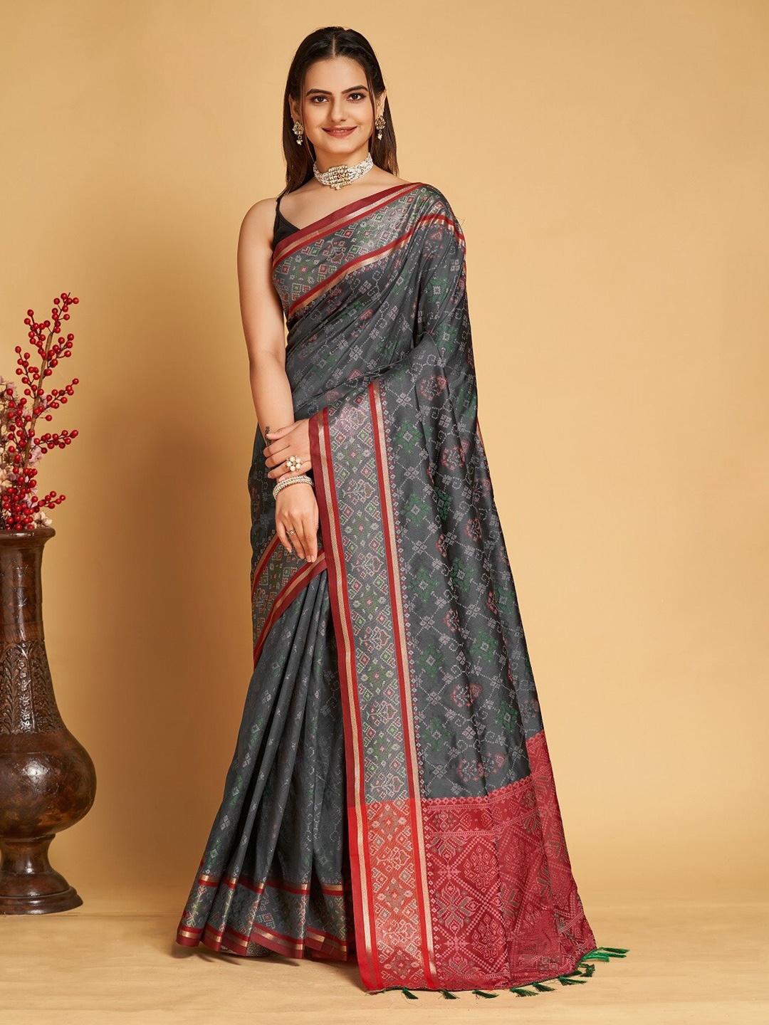 

Nimidiya Woven Design Zari Designer Patola Saree, Grey