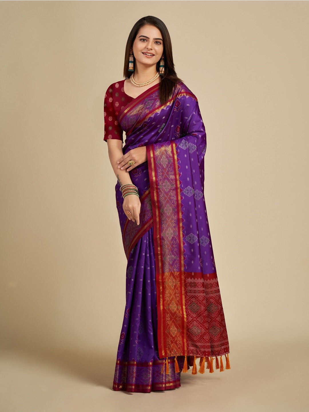

Nimidiya Woven Design Zari Patola Saree with Tassels, Purple