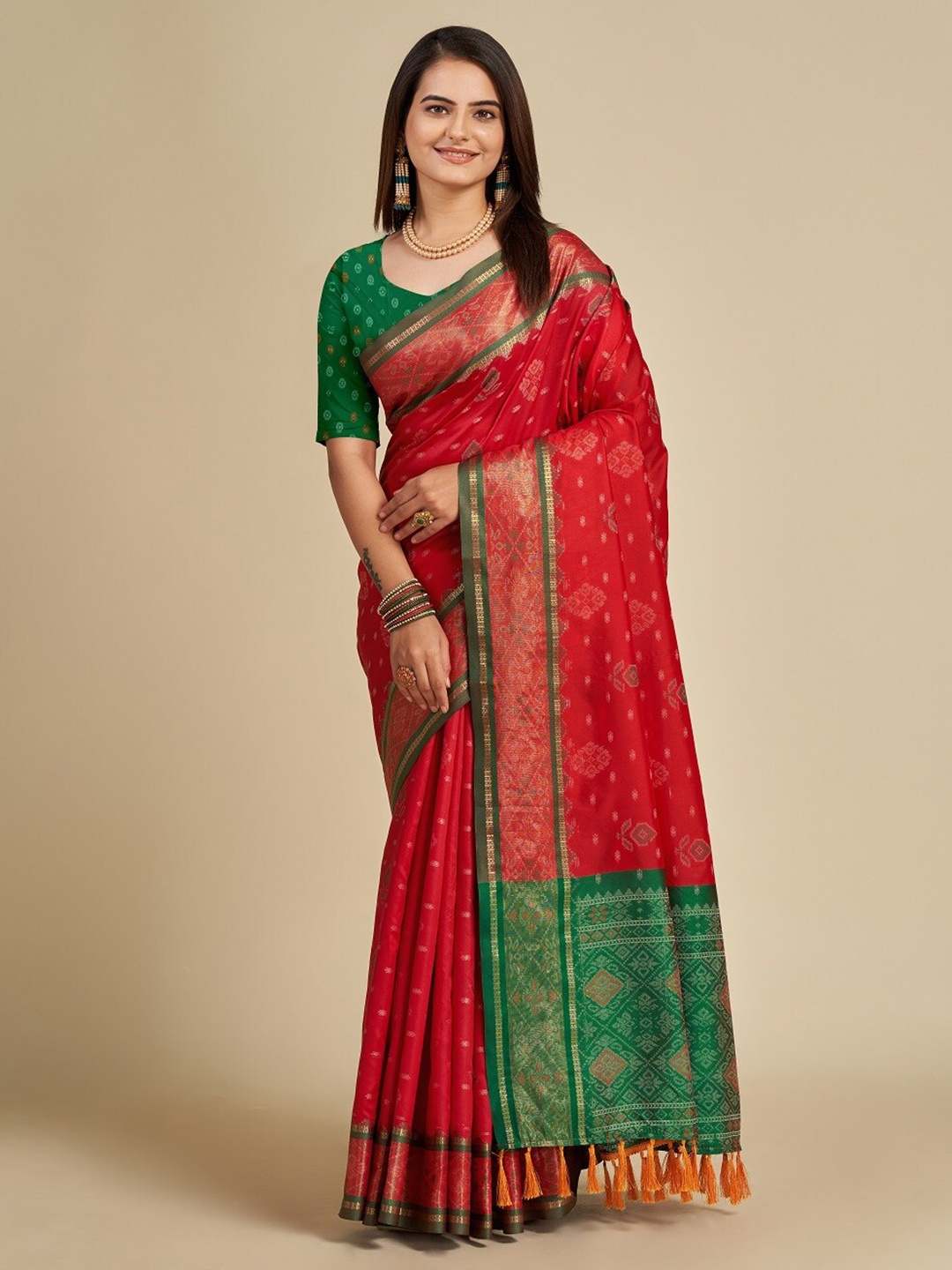 

Nimidiya Woven Design Zari Patola Saree with Tassels, Red