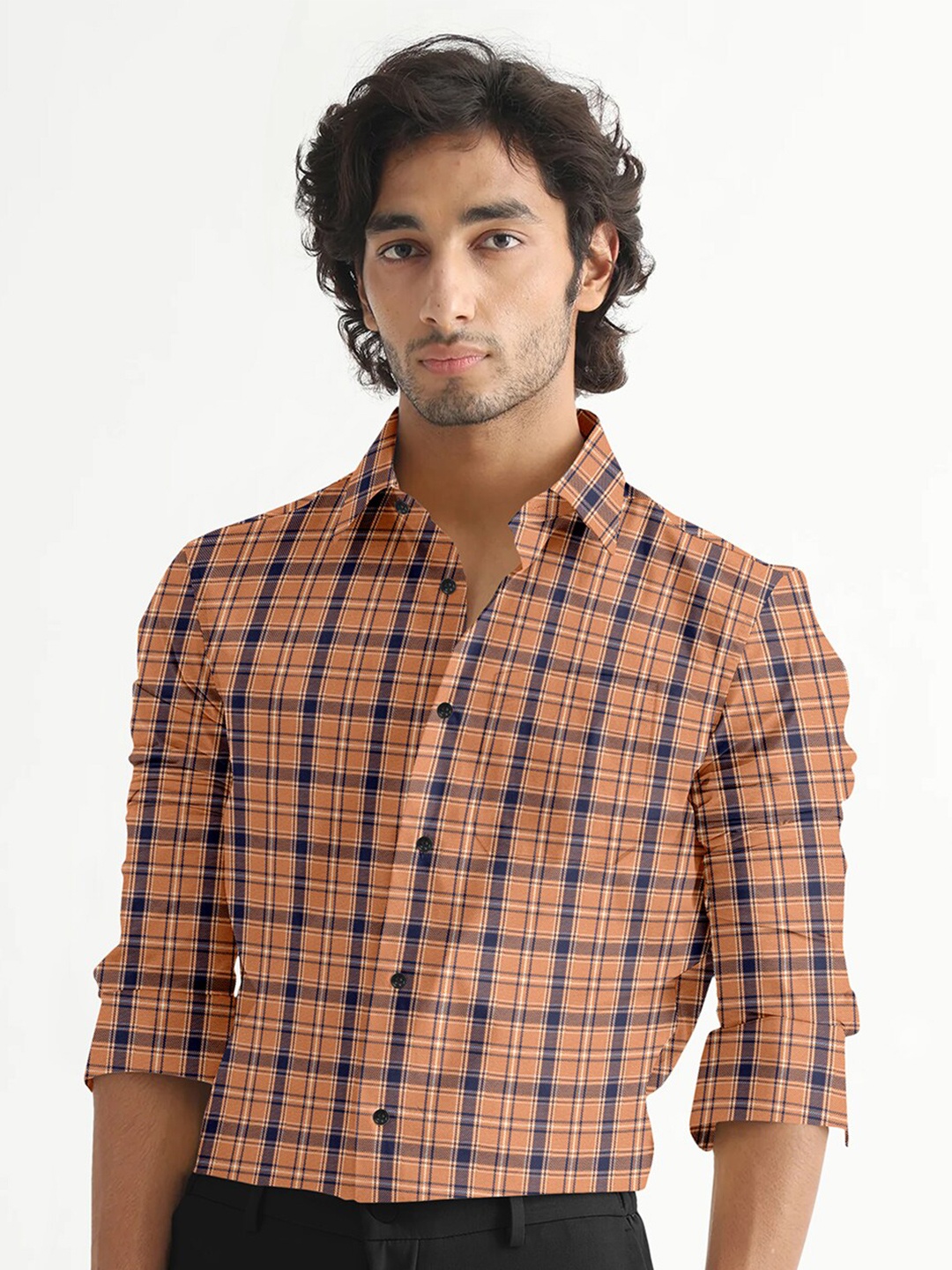 

ROYALTAIL Comfort Spread Collar Tartan Checks Opaque Cotton Casual Shirt, Orange