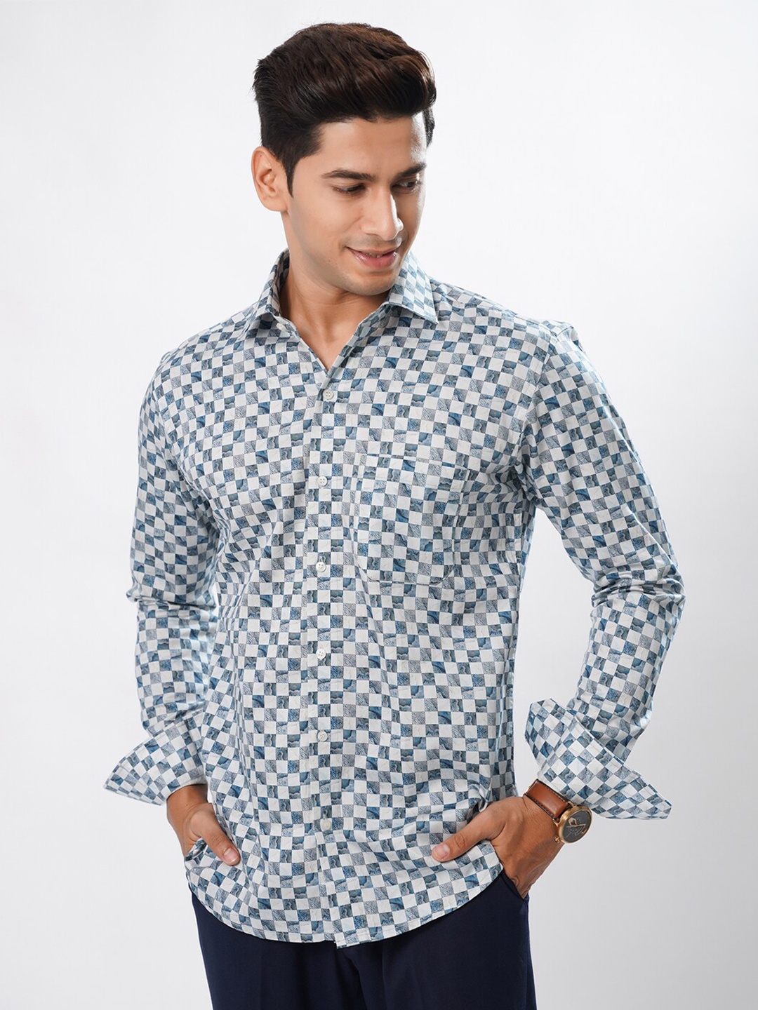 

ROYALTAIL Comfort Opaque Printed Cotton Casual Shirt, Blue