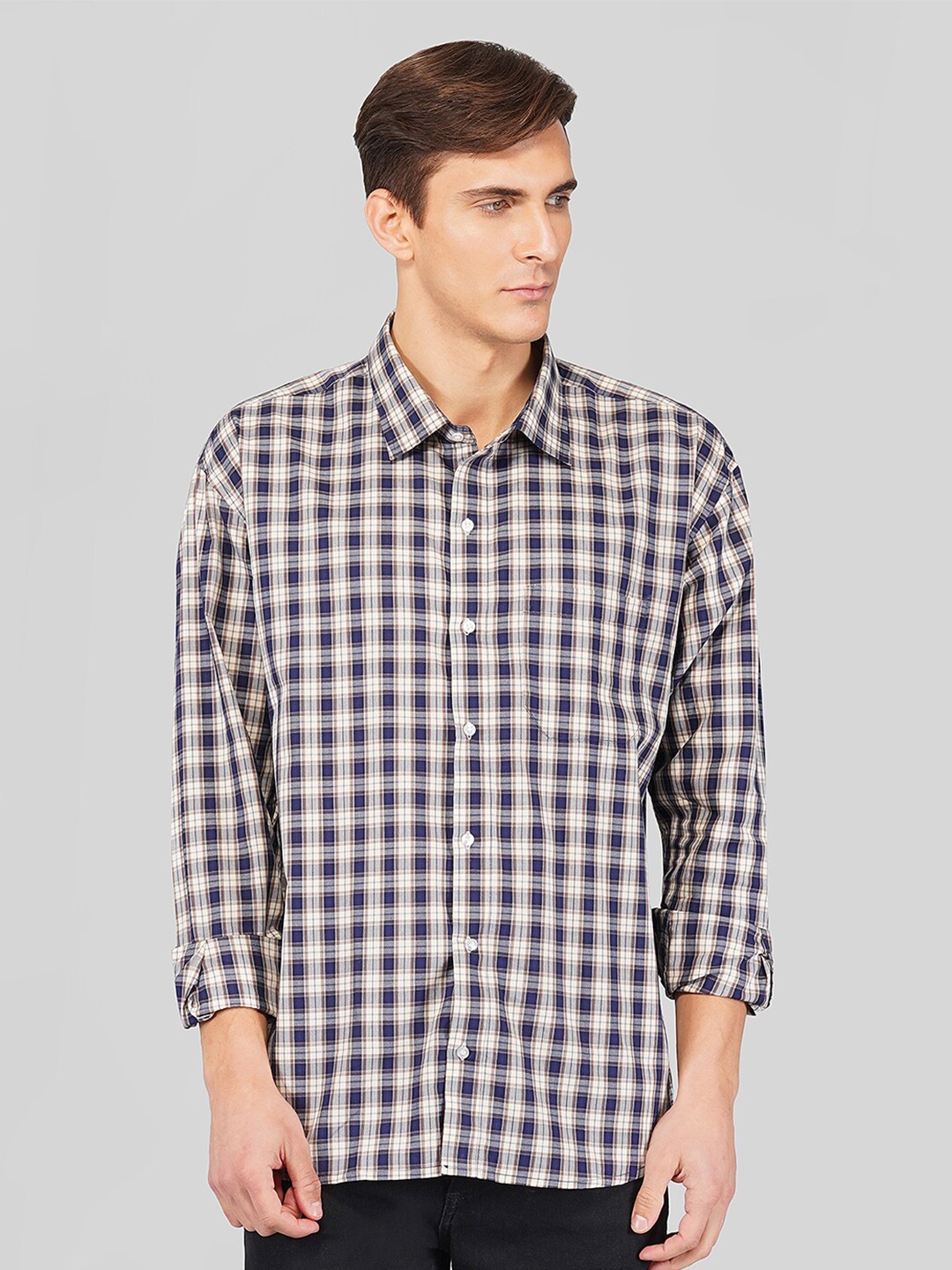 

ROYALTAIL Comfort Spread Collar Opaque Checked Cotton Casual Shirt, Navy blue