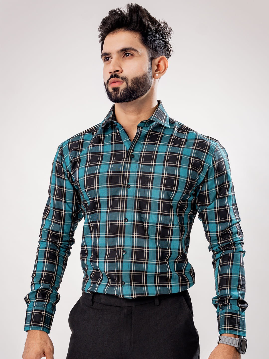 

ROYALTAIL Comfort Tartan Checks Opaque Cotton Casual Shirt, Blue