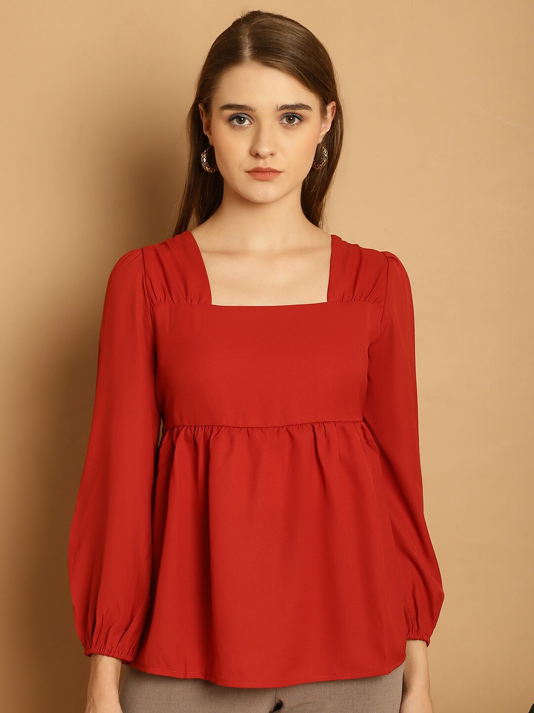 

La Zoire Square Neck Puff Sleeve Georgette Top, Rust
