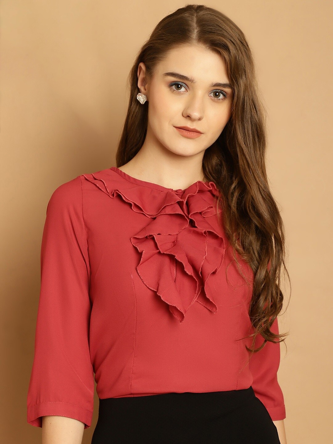 

La Zoire Round Neck Ruffles Georgette Top, Pink