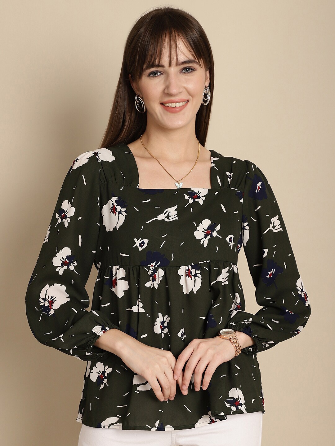 

La Zoire Square Neck Floral Printed Georgette Top, Olive