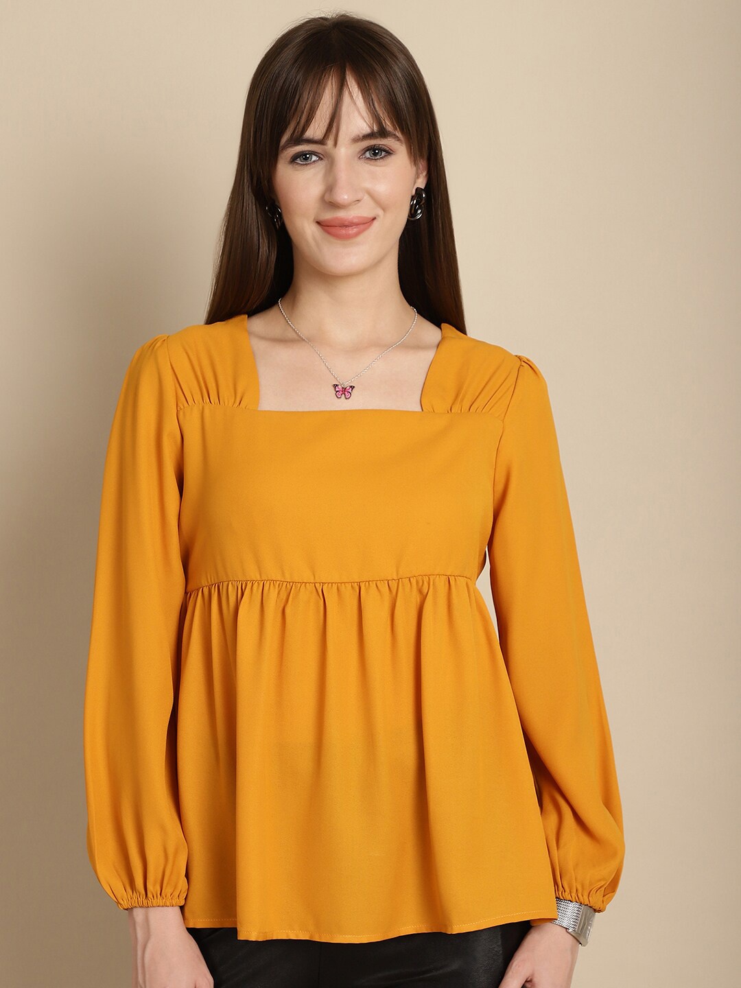 

La Zoire Square Neck Bishop Sleeves Georgette Top, Mustard