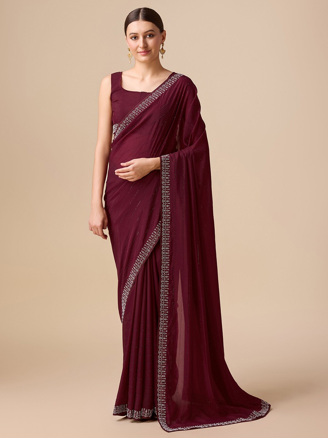 

MONJOLIKA FASHION Striped Beads And Stones Embellished Organza Saree, Burgundy