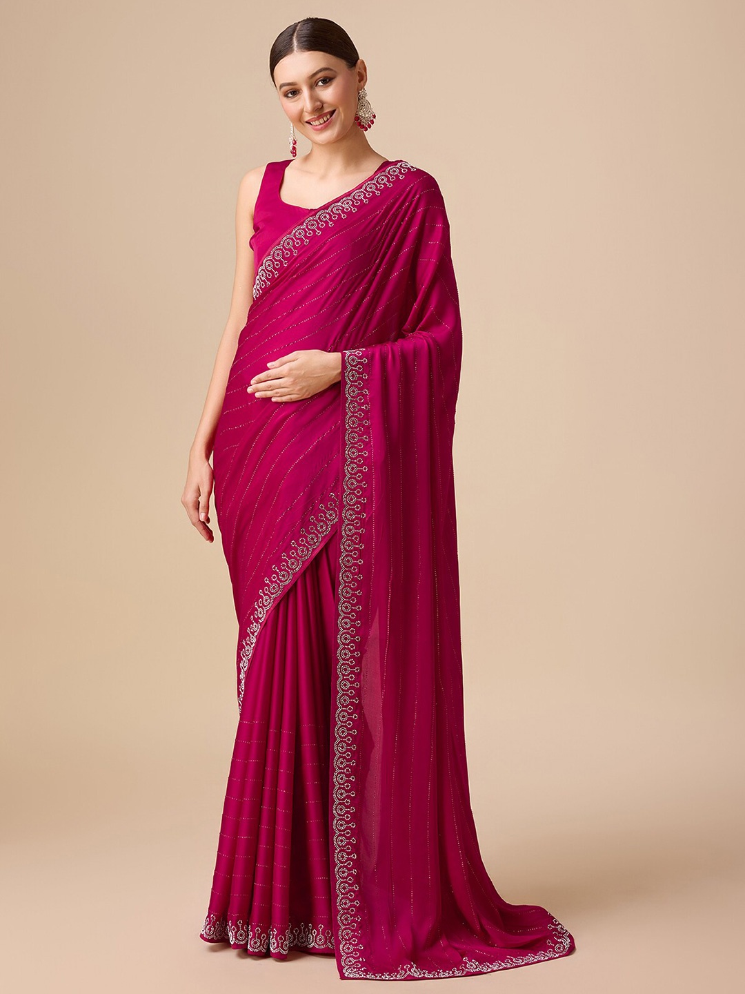 

MONJOLIKA FASHION Striped Beads And Stones Embellished Satin Saree, Magenta
