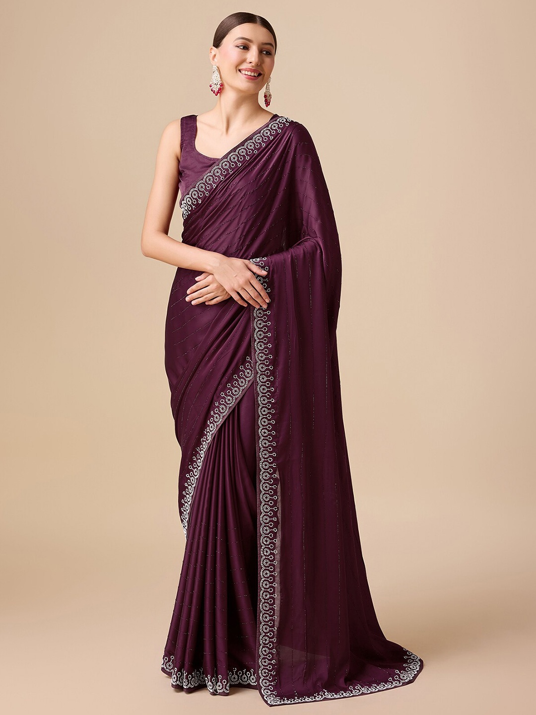 

MONJOLIKA FASHION Striped Beads And Stones Embellished Satin Saree, Burgundy