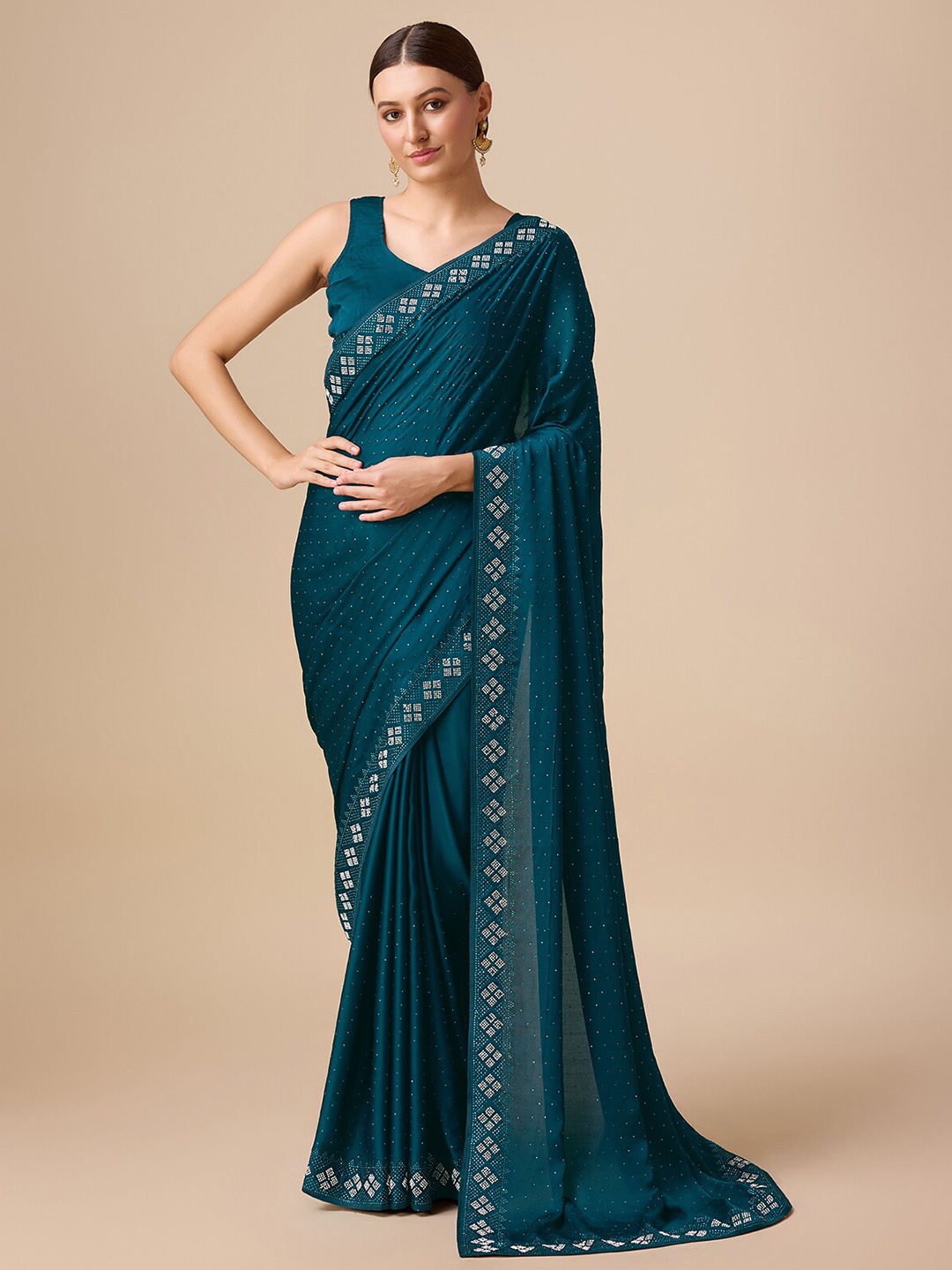 

MONJOLIKA FASHION Striped Embellished Satin Designer Saree, Teal