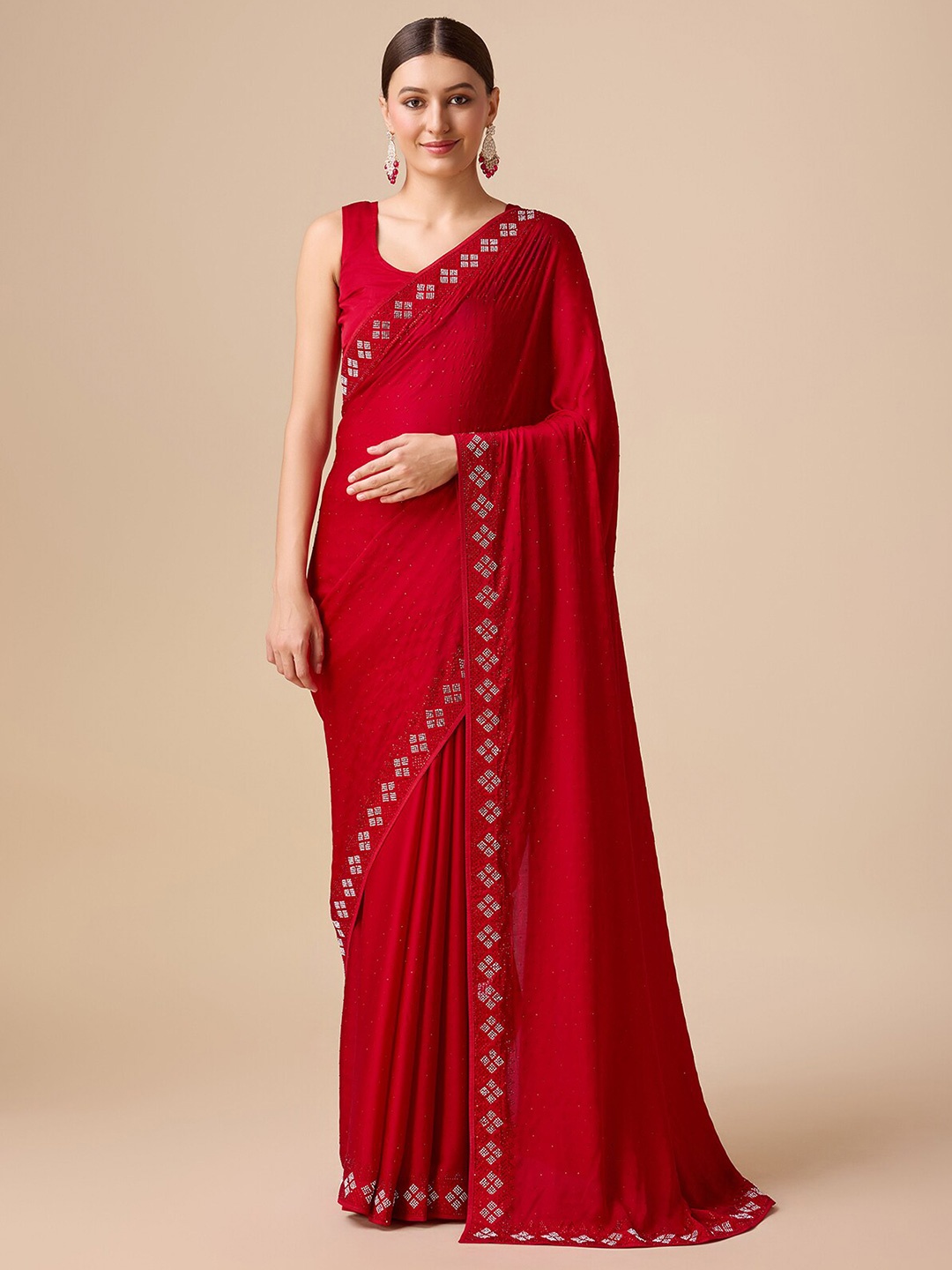 

MONJOLIKA FASHION Striped Beads And Stones Embellished Satin Saree, Red