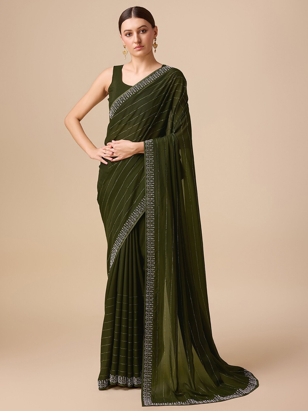 

MONJOLIKA FASHION Striped Embellished Organza Saree, Olive