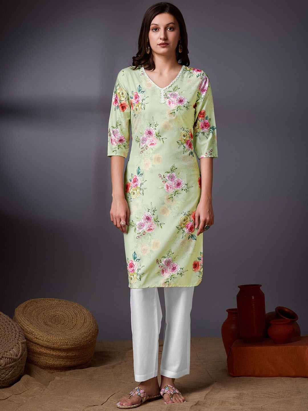 

Ishin Women Floral Printed V-Neck Pure Crepe Lace Straight Kurta, Sea green