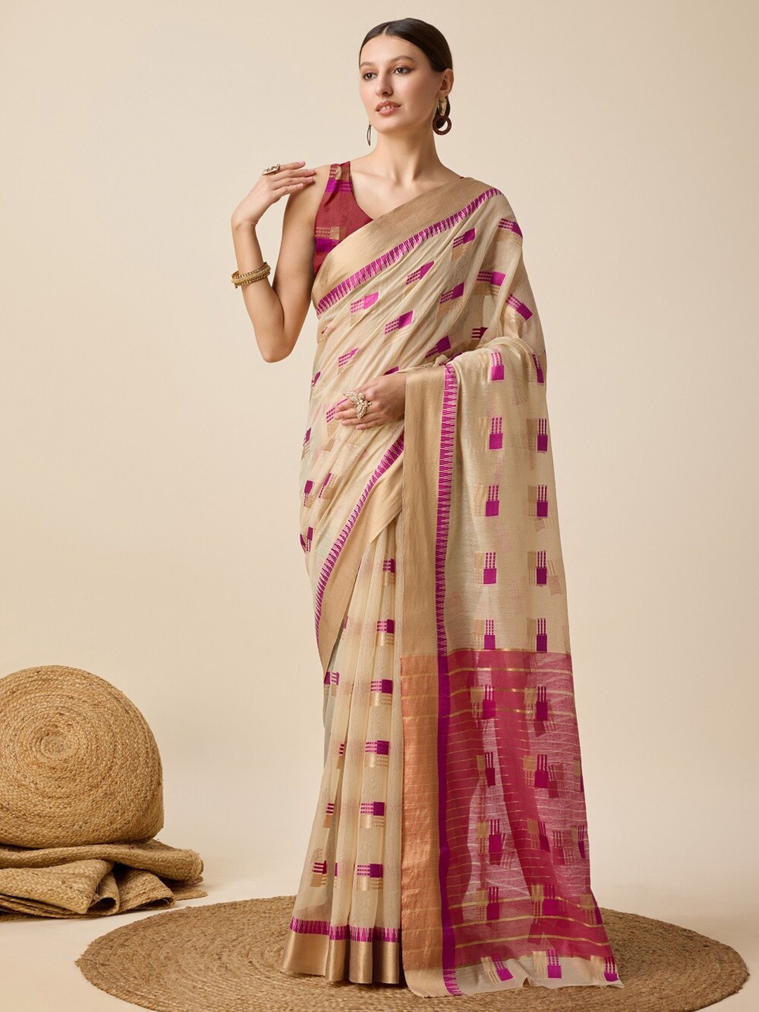 

Nimidiya Woven Design Zari Silk Cotton Designer Kota Saree, Beige