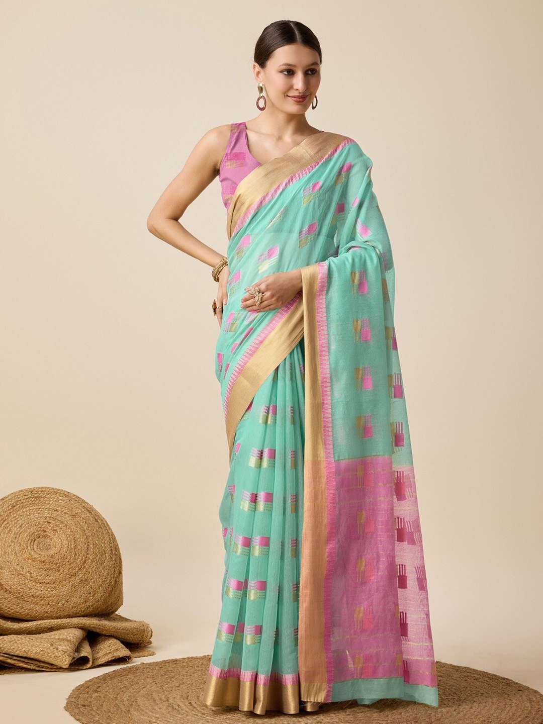 

Nimidiya Woven Design Zari Silk Cotton Designer Kota Saree, Turquoise blue