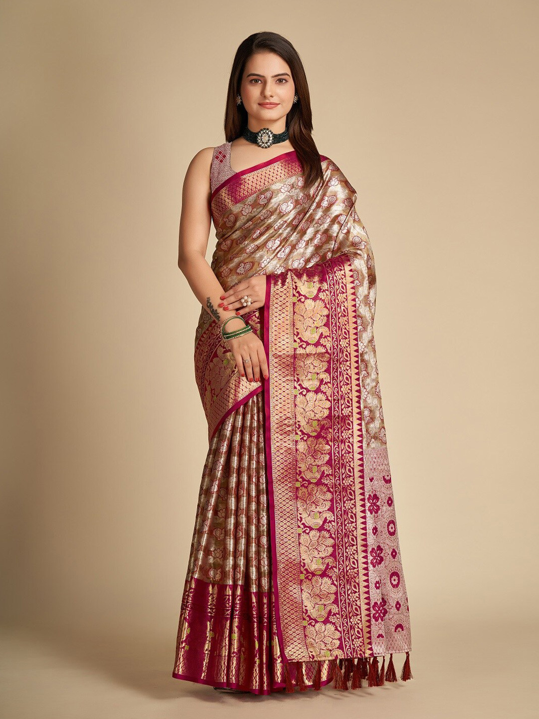 

Nimidiya Ethnic Motifs Woven Design Zari Banarasi Saree, Brown