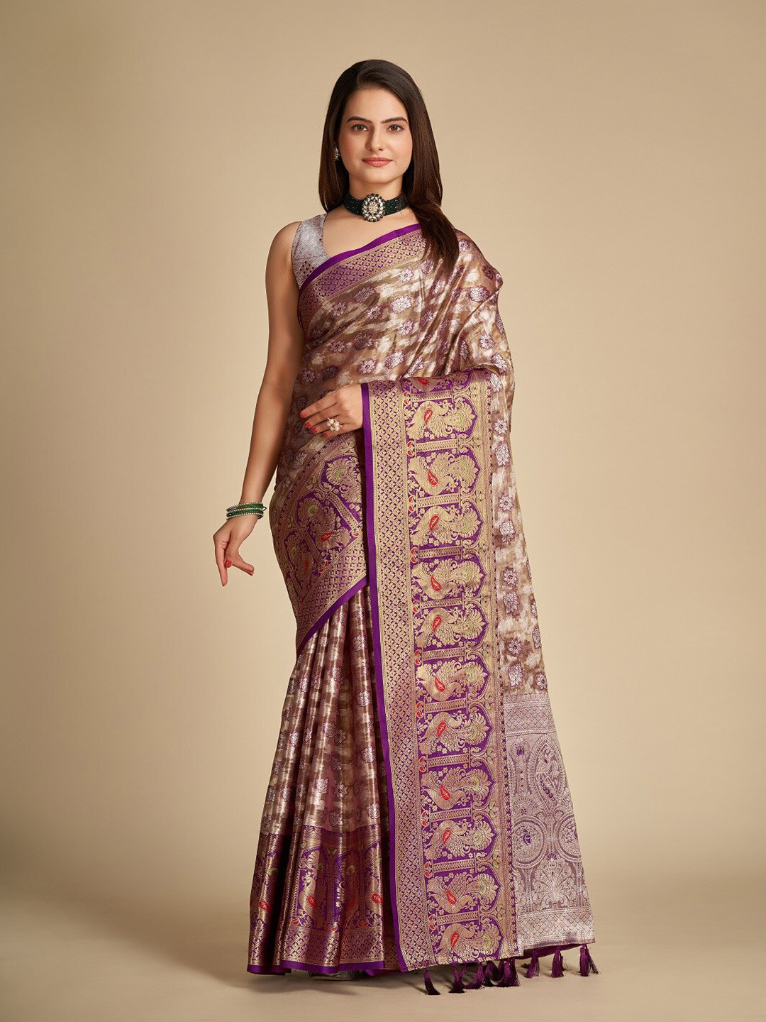 

Nimidiya Woven Design Zari Banarasi Saree with Tassels, Brown