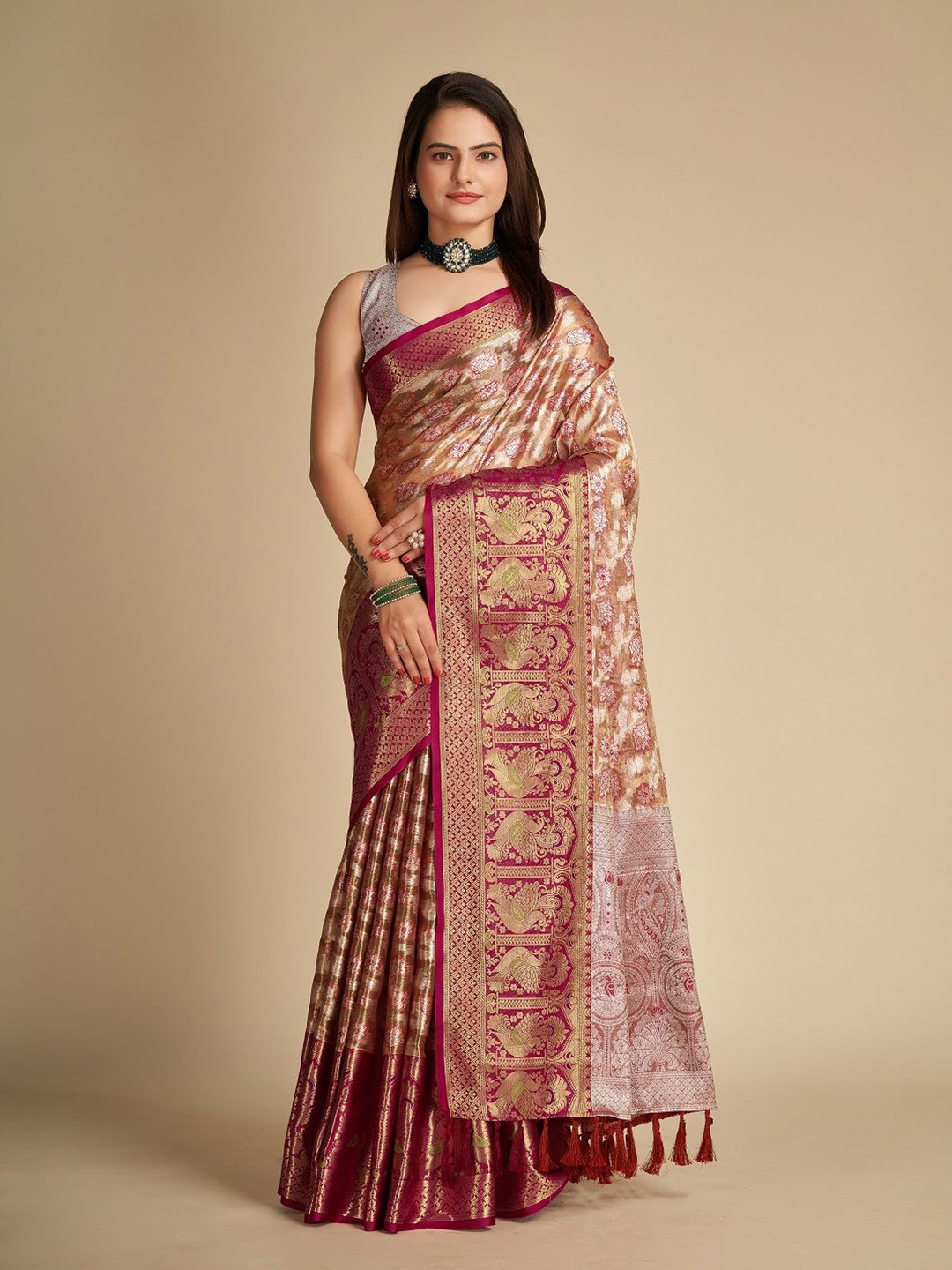 

Nimidiya Ethnic Motifs Woven Design Zari Banarasi Saree, Brown