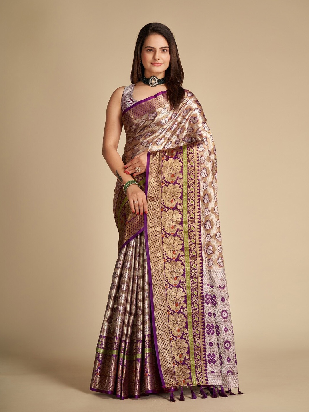 

Nimidiya Woven Design Zari Banarasi Saree with Tassels, Brown