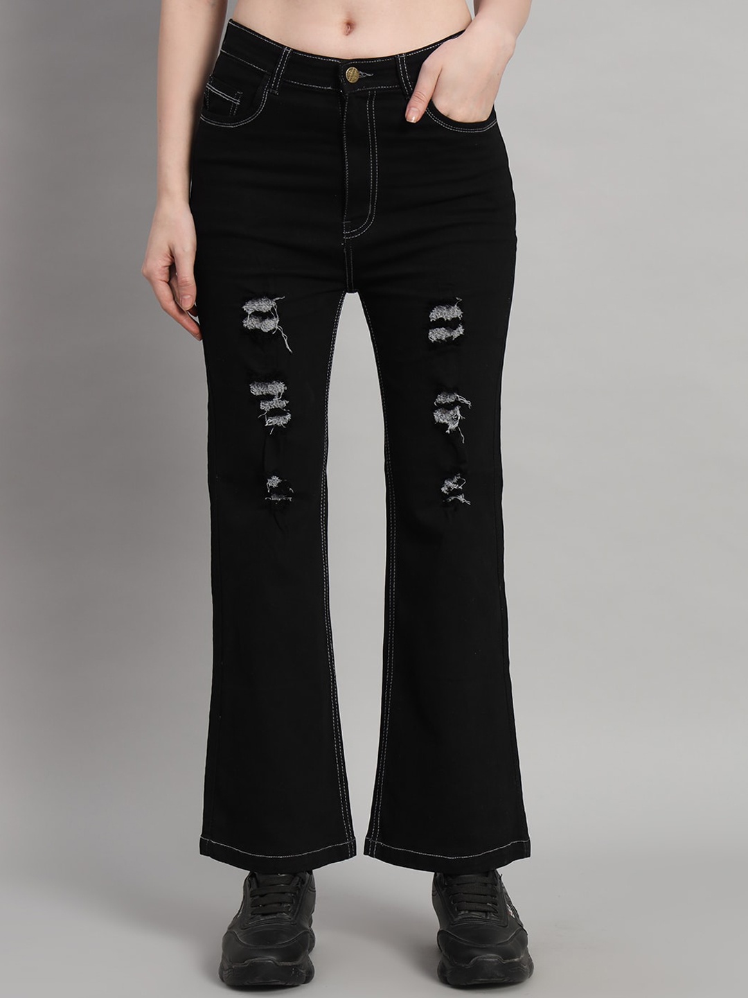 

GUTI Women Flared High-Rise Mildly Distressed Stretchable Jeans, Black