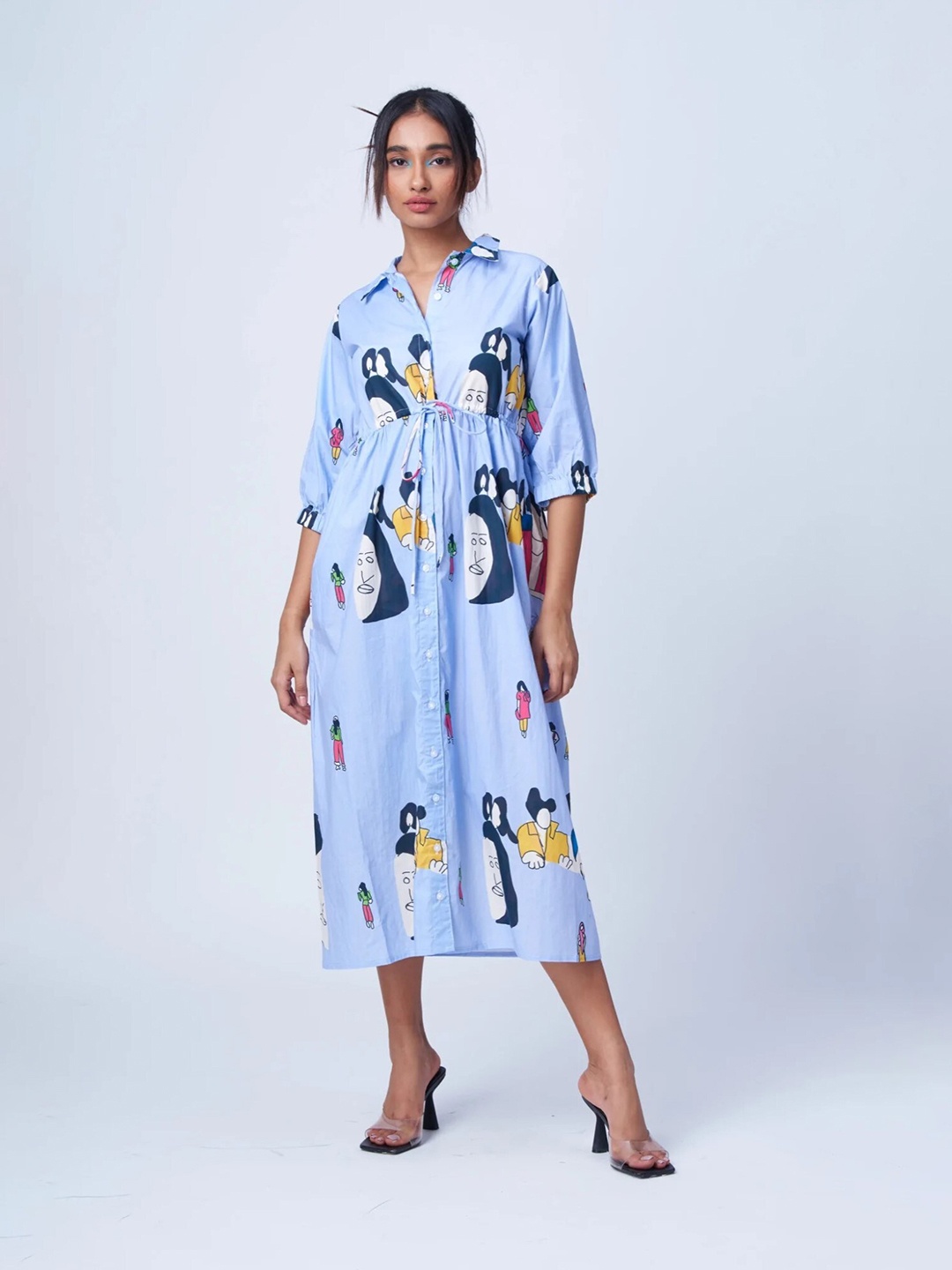 

RadhaRaman Graphic Print Shirt Cotton Midi Dress, Blue