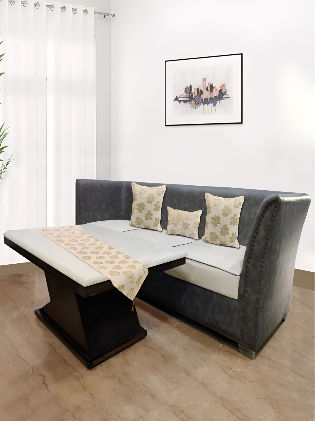 

Good Vibes Cream 4 Pieces Printed Square Cushion Covers and Table Runner