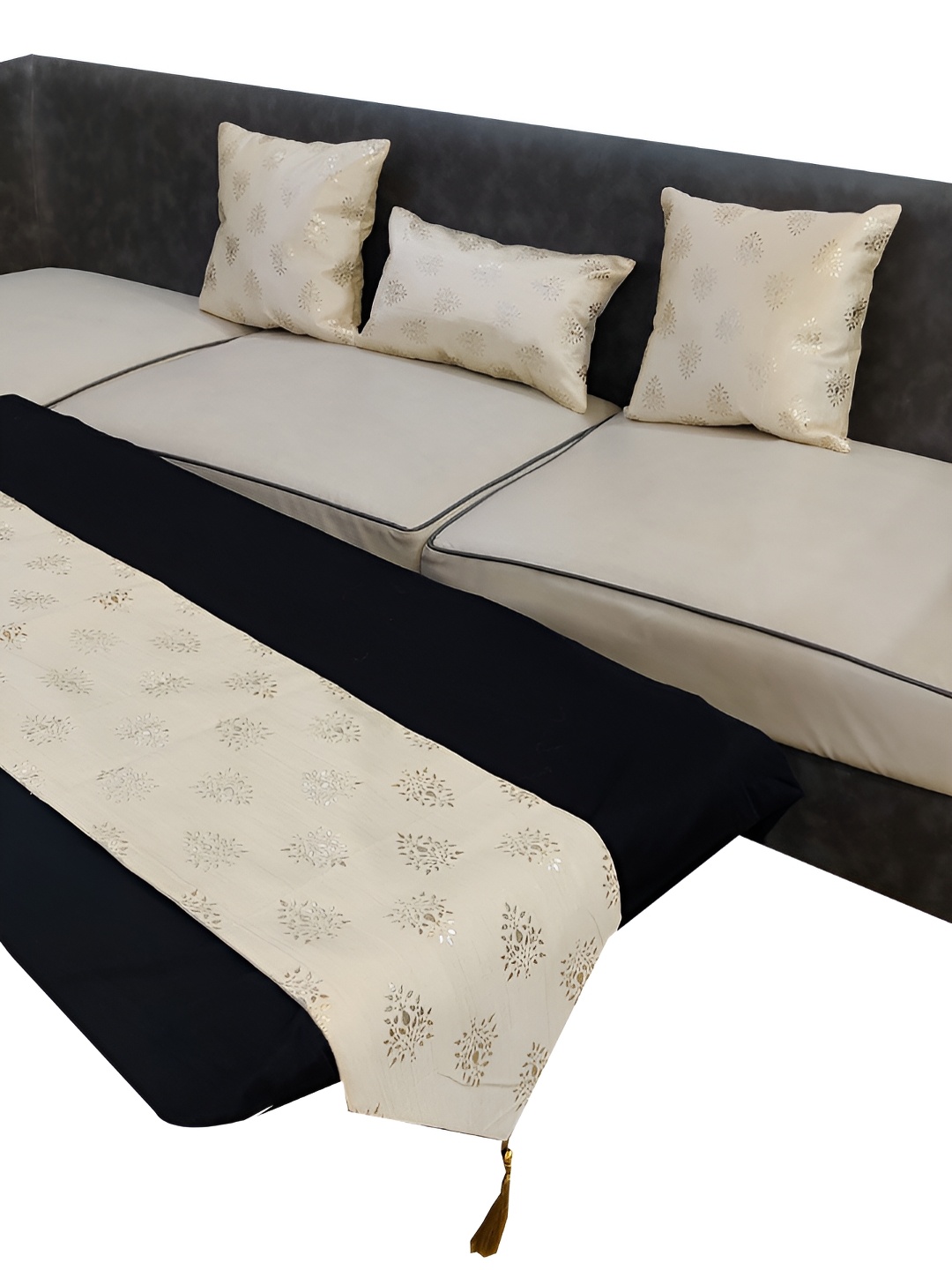 

Good Vibes Cream 4 Pieces Printed Square Cushion Covers and Table Runner