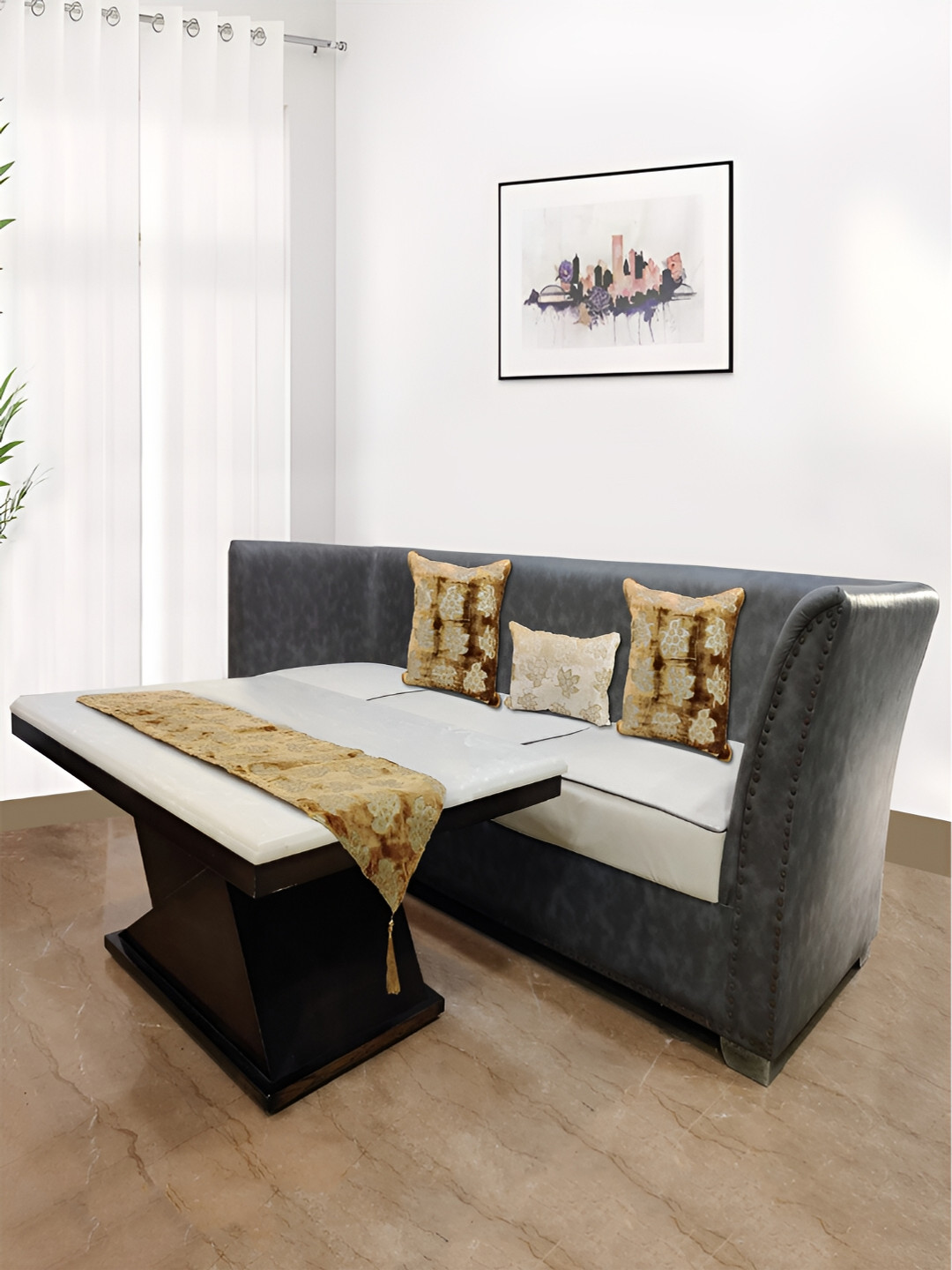

Good Vibes Brown 4 Pieces Printed Square Cushion Covers and Table Runner