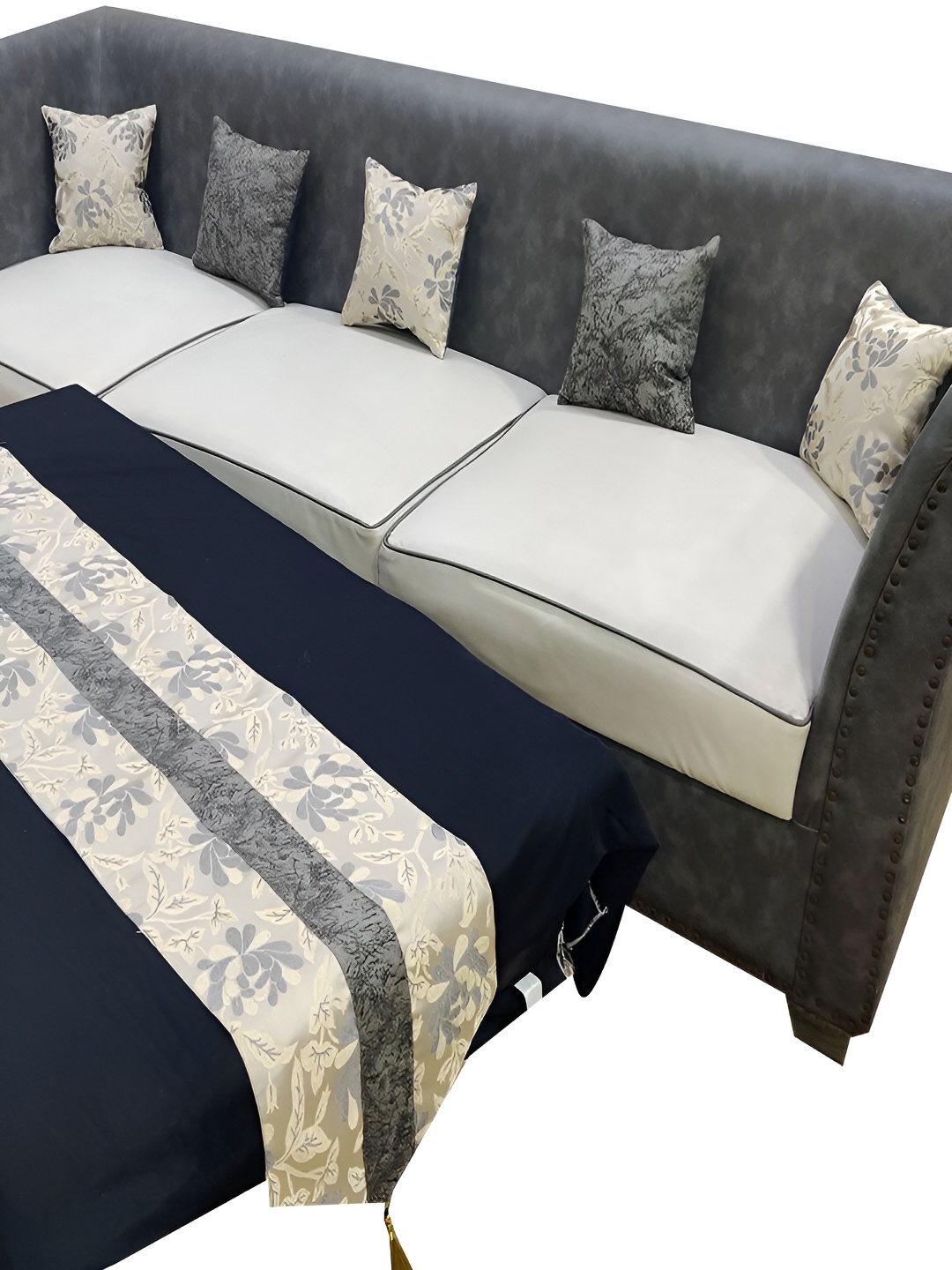 

Good Vibes Grey & Gold-Toned 6 Pieces Printed Square Cushion Covers and Table Runner