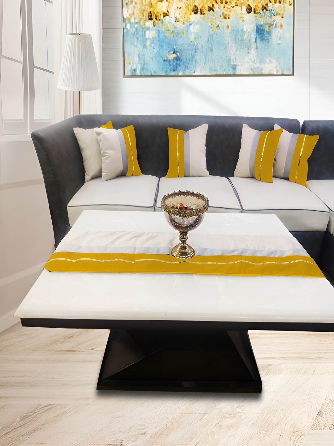 

Good Vibes Yellow & White 6 Pieces Printed Square Cushion Covers and Table Runner