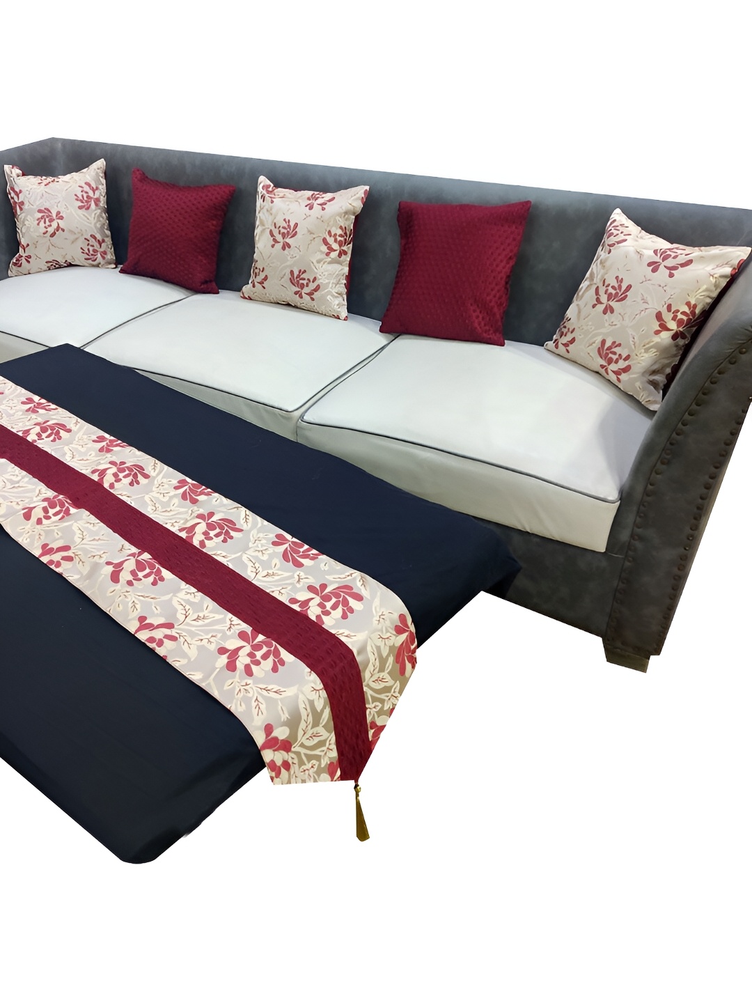 

Good Vibes Maroon & Grey 6 Pieces Printed Square Cushion Covers and Table Runner