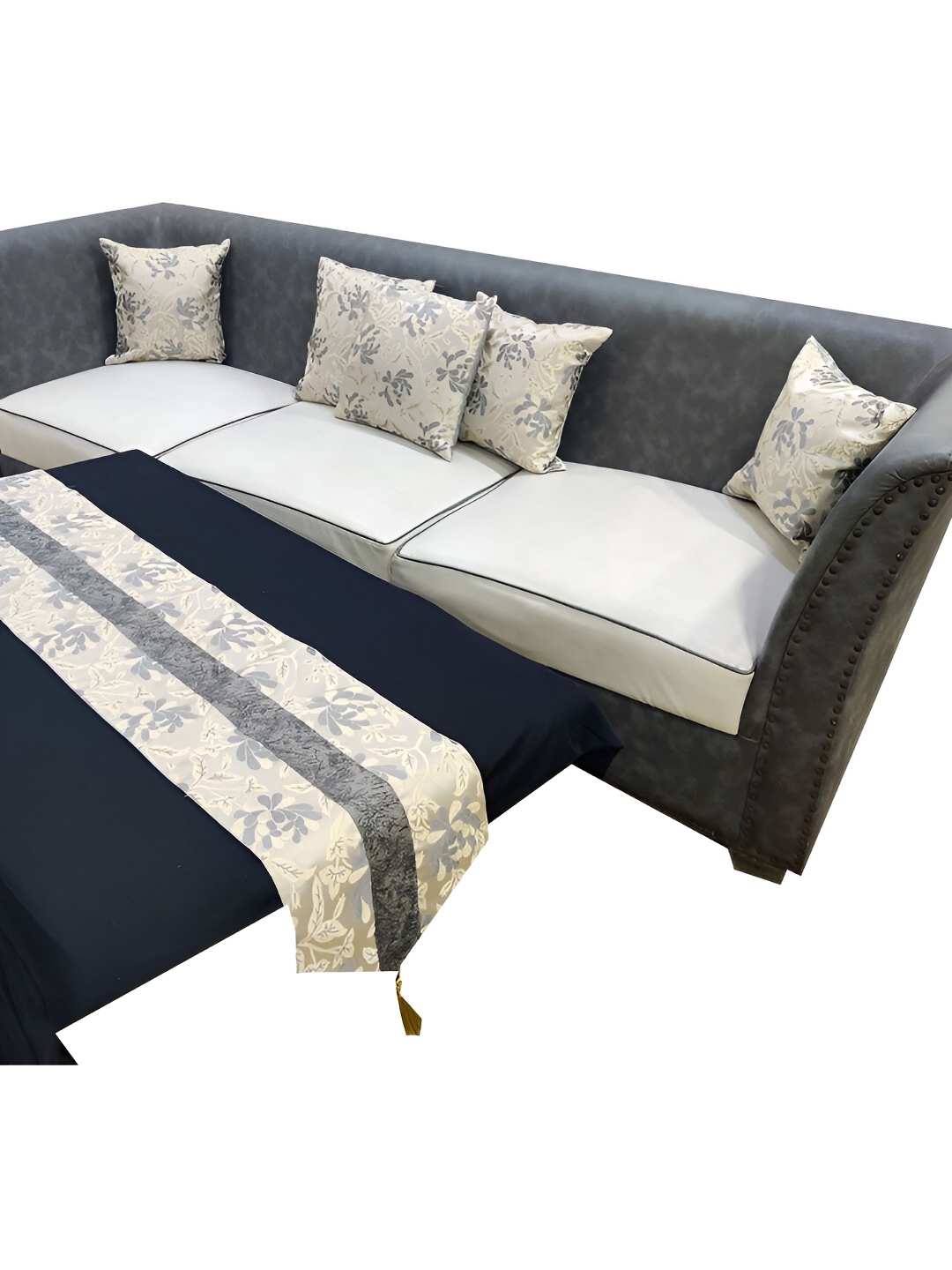 

Good Vibes Grey & Gold-Toned 6 Pieces Printed Square Cushion Covers and Table Runner